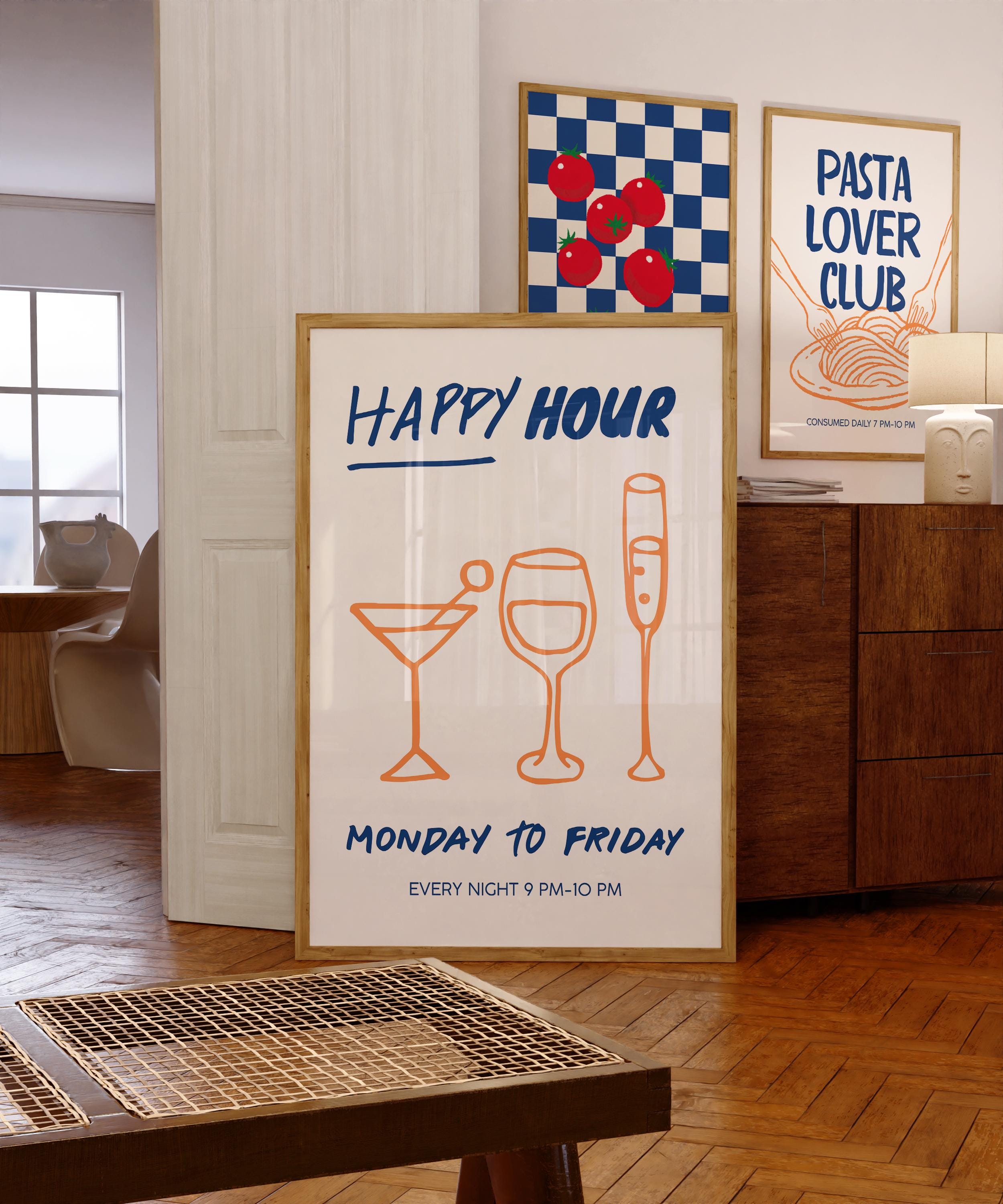 Happy Hour Wall Art Print, Cocktail Bar Cart Decor, Wine Martini Champagne Poster, Home Bar Printable, Kitchen Bar Wall Decor, DIGITAL