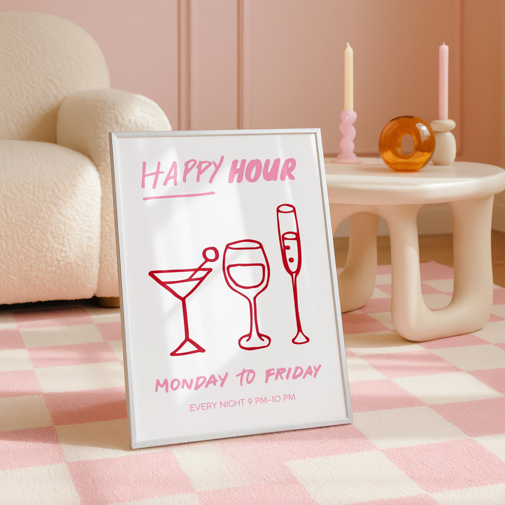 Girly Happy Hour Print, Pink Bar Cart Wall Art, Cocktail Line Art Poster, Girls Night Decor, Bachelorette Party Printable, DIGITAL