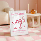 Girly Happy Hour Print, Pink Bar Cart Wall Art, Cocktail Line Art Poster, Girls Night Decor, Bachelorette Party Printable, DIGITAL
