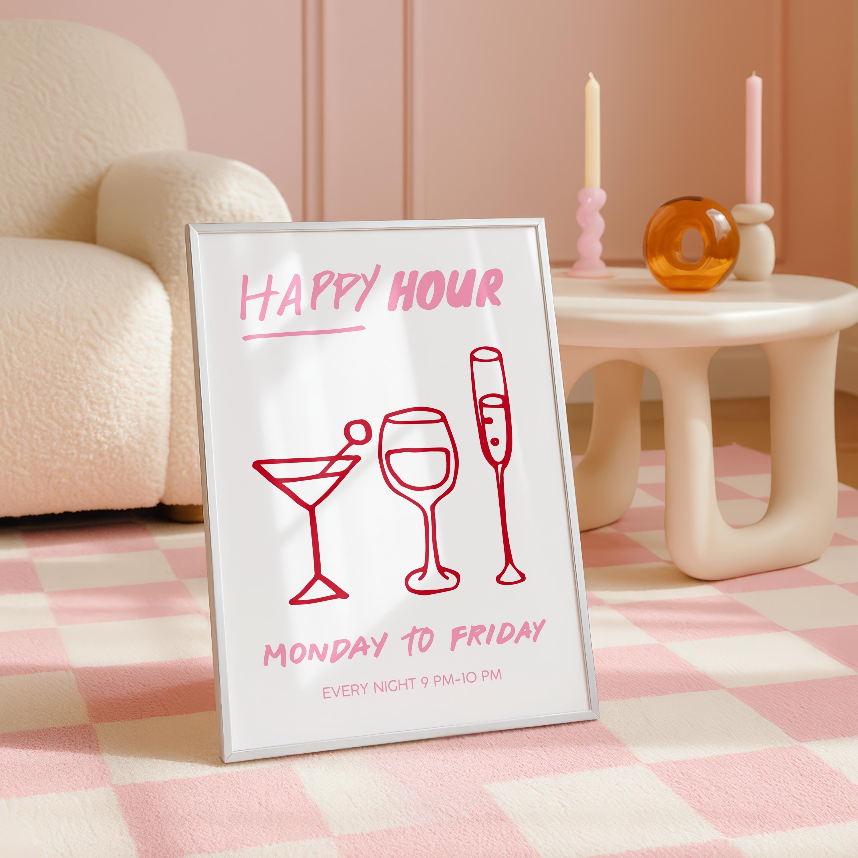 Girly Happy Hour Print, Pink Bar Cart Wall Art, Cocktail Line Art Poster, Girls Night Decor, Bachelorette Party Printable, DIGITAL