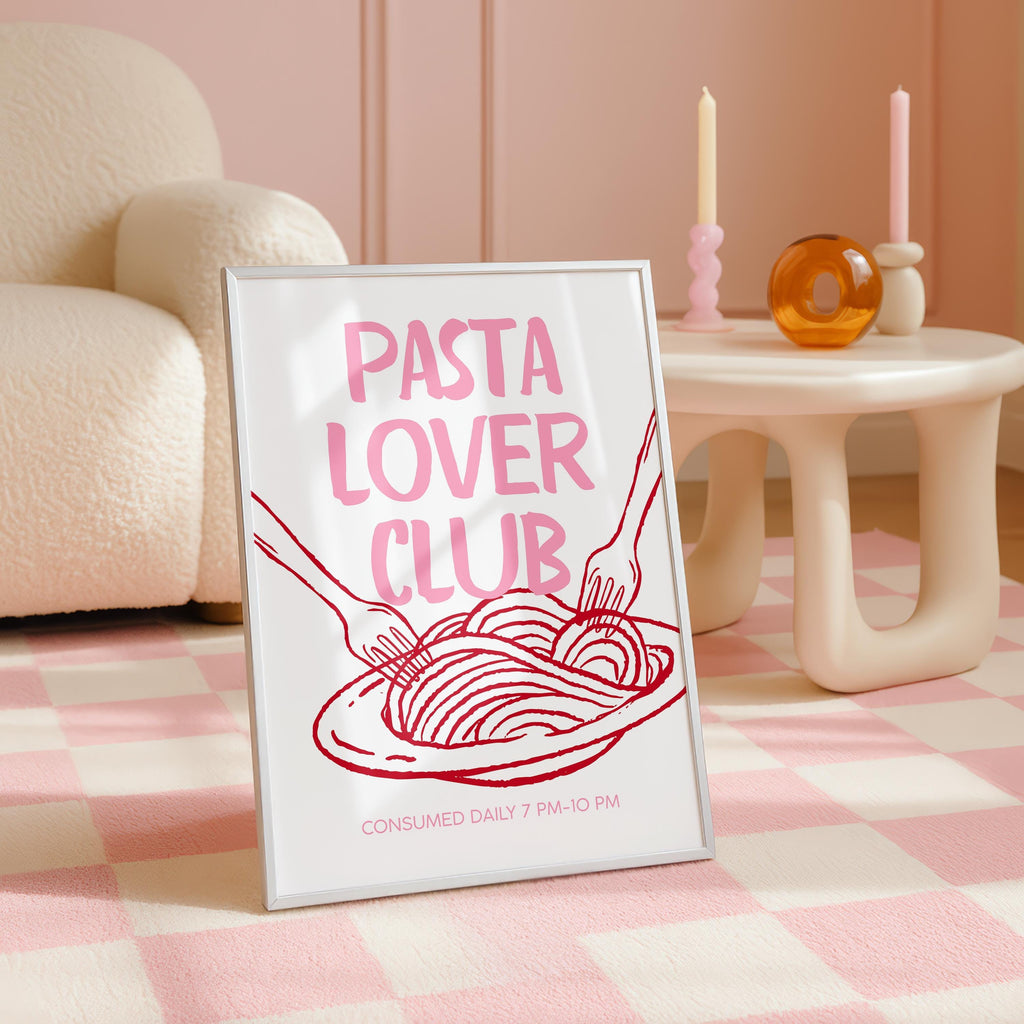 Pink Pasta Lover Club Wall Art, Italian Kitchen Print, Pasta Typography Poster, Feminine Foodie Decor, Cute Kitchen Printable, DIGITAL