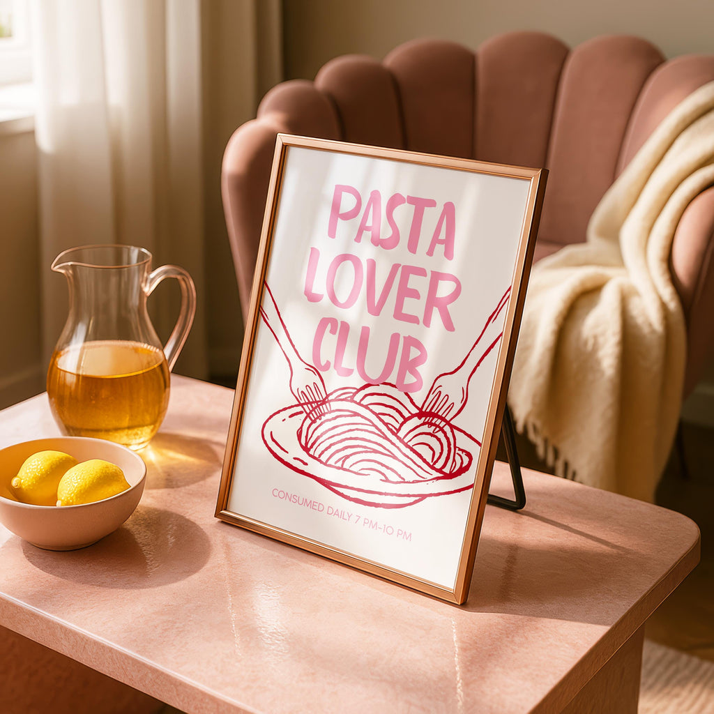 Pink Pasta Lover Club Wall Art, Italian Kitchen Print, Pasta Typography Poster, Feminine Foodie Decor, Cute Kitchen Printable, DIGITAL
