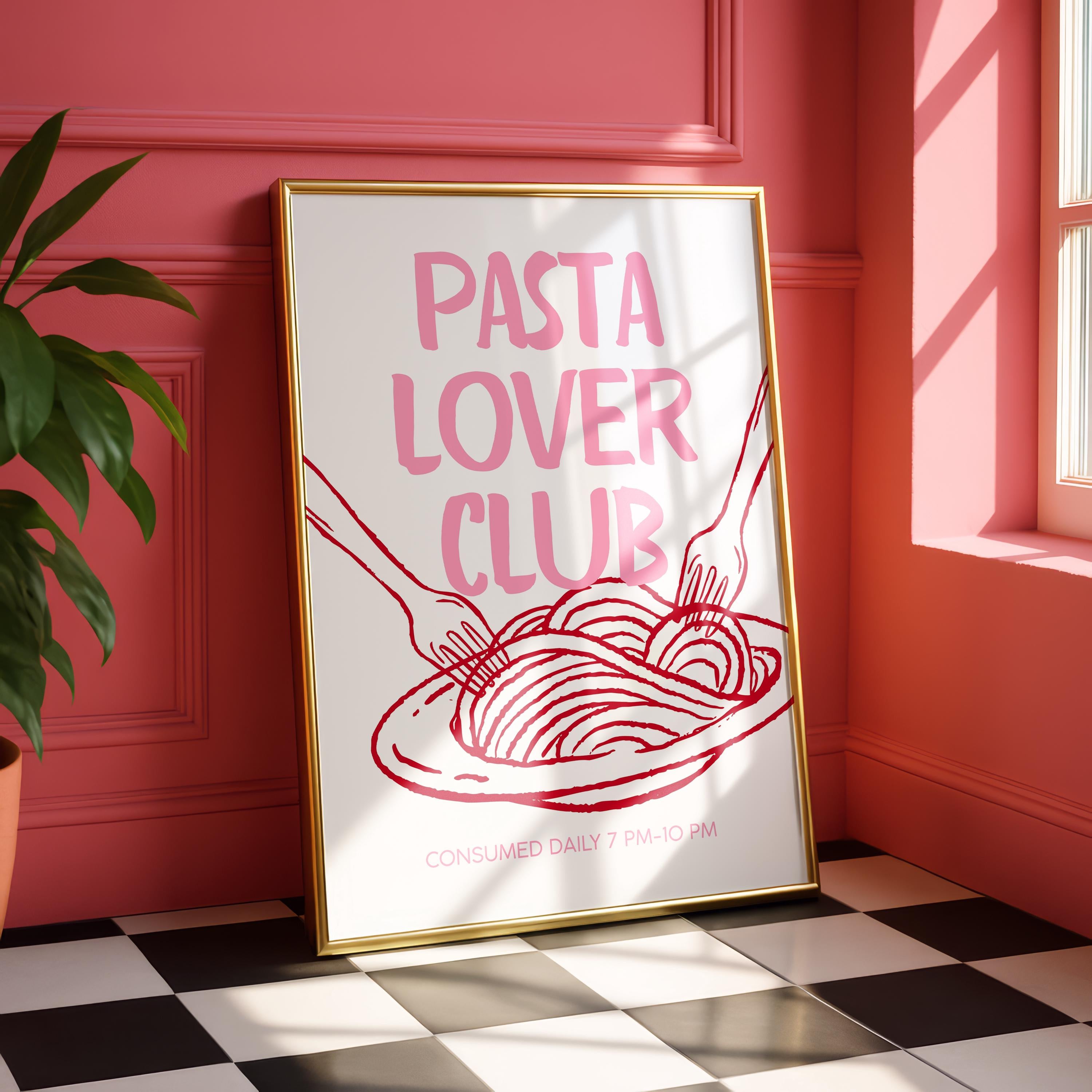 Pink Pasta Lover Club Wall Art, Italian Kitchen Print, Pasta Typography Poster, Feminine Foodie Decor, Cute Kitchen Printable, DIGITAL