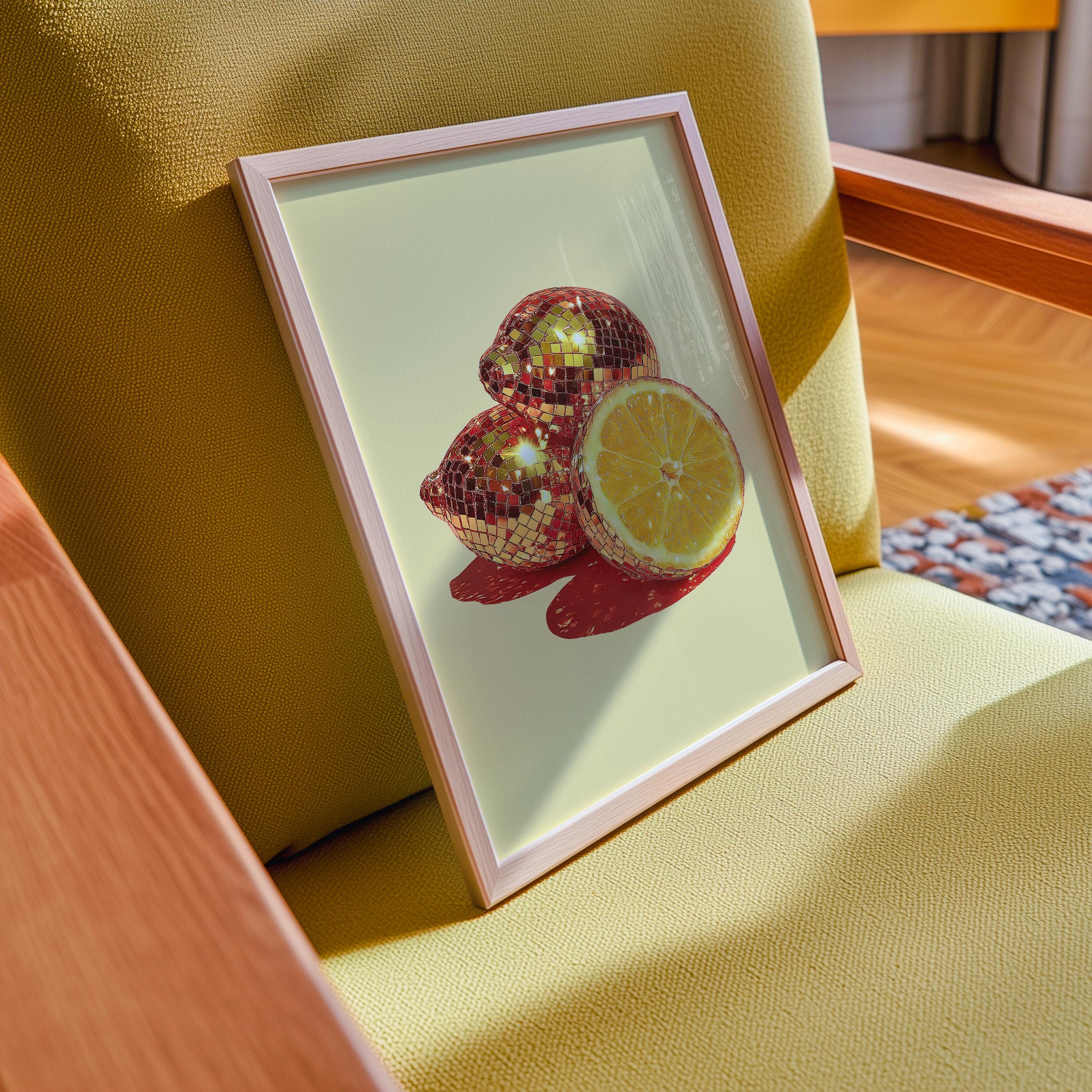 Disco Lemon Wall Art, Retro Citrus Poster, Funky Kitchen Print, Glitter Fruit Decor, Bar Cart Wall Art, Trendy Print, Digital Download