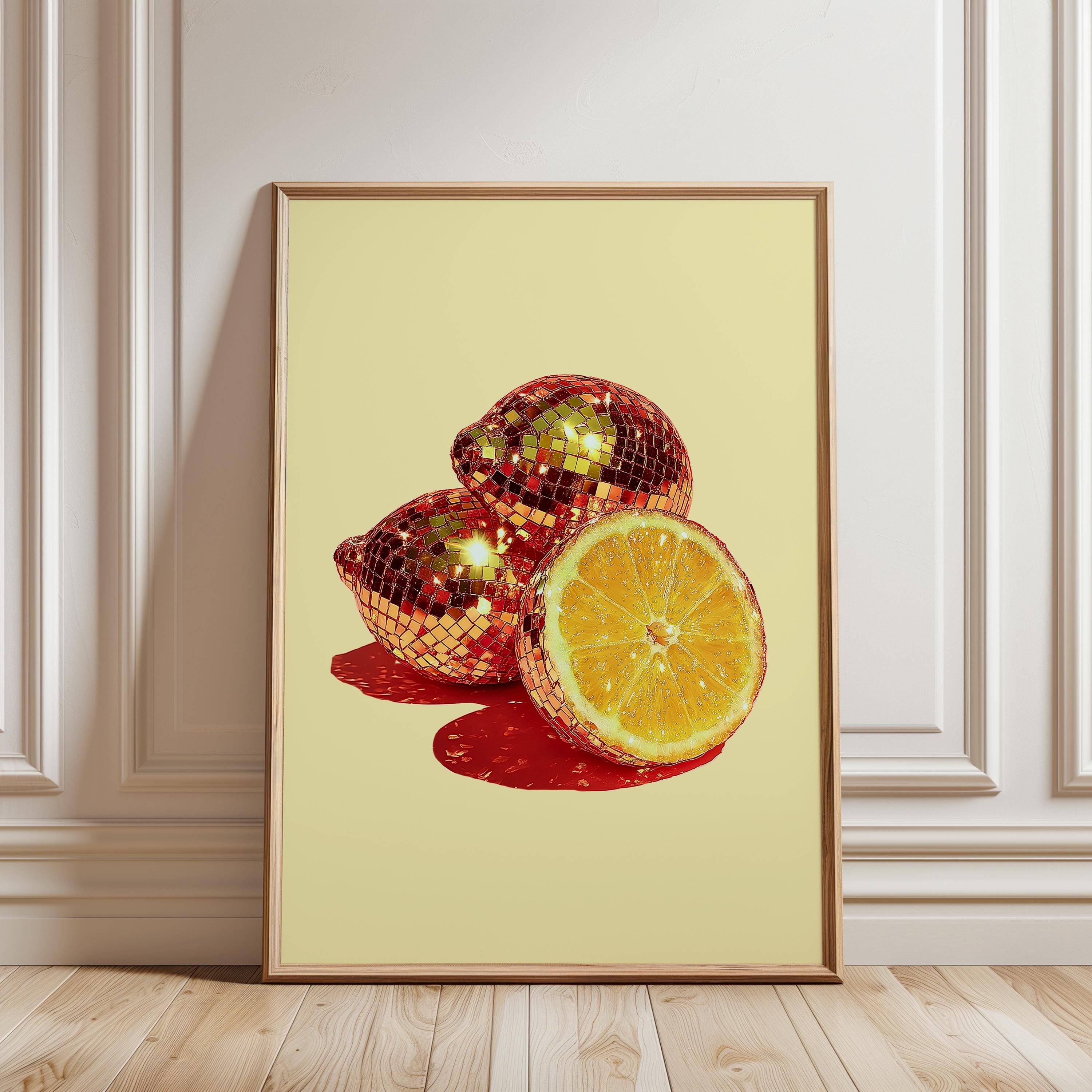 Disco Lemon Wall Art, Retro Citrus Poster, Funky Kitchen Print, Glitter Fruit Decor, Bar Cart Wall Art, Trendy Print, Digital Download