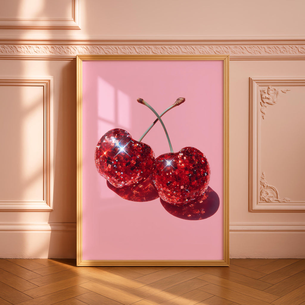 Disco Cherry Pink Wall Art Printable, Sparkly Red Fruit Poster, Glam Pop Art Decor, Girly Aesthetic Digital Download, Fun Gift For Her