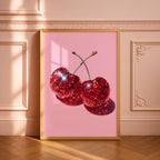 Disco Cherry Pink Wall Art Printable, Sparkly Red Fruit Poster, Glam Pop Art Decor, Girly Aesthetic Digital Download, Fun Gift For Her