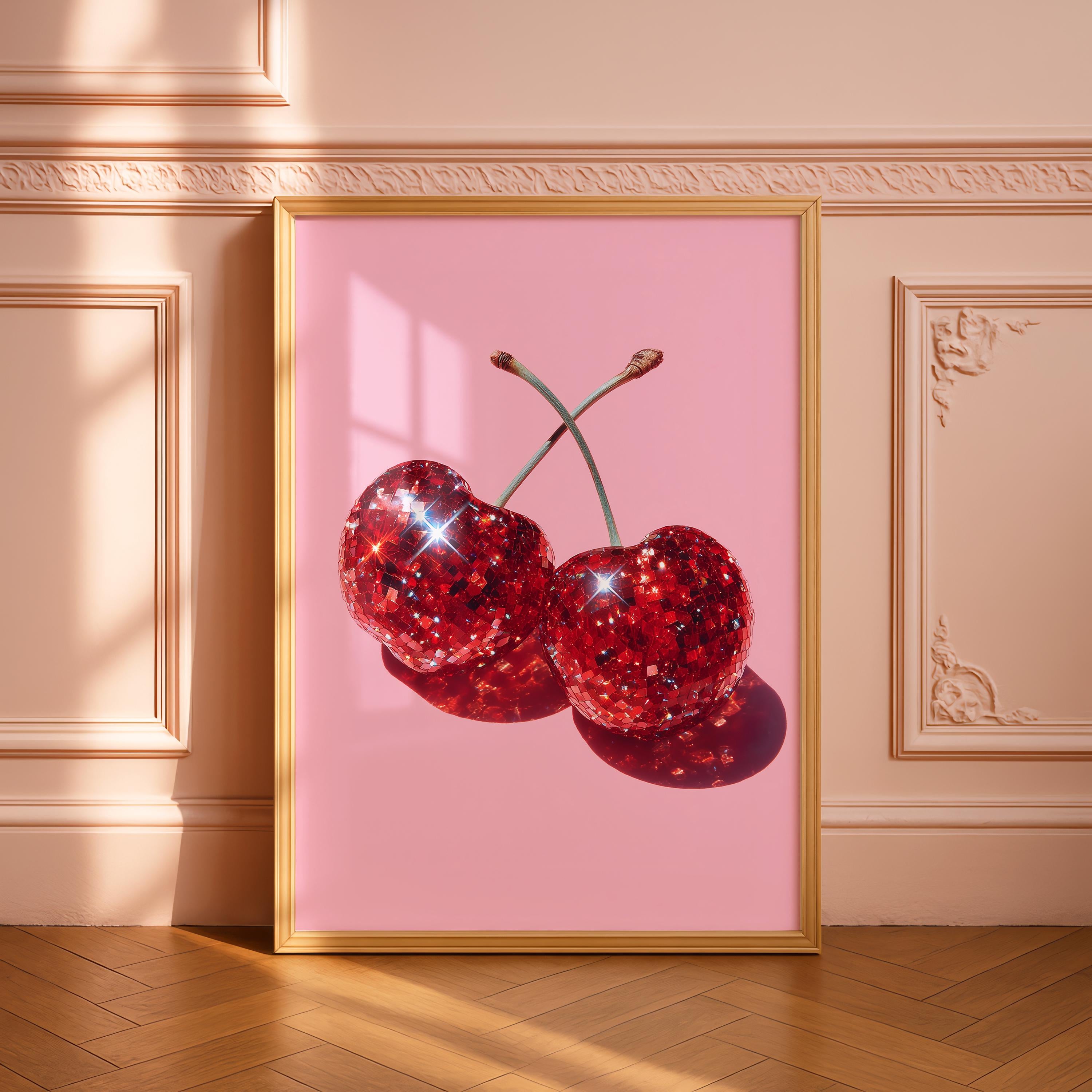 Disco Cherry Pink Wall Art Printable, Sparkly Red Fruit Poster, Glam Pop Art Decor, Girly Aesthetic Digital Download, Fun Gift For Her