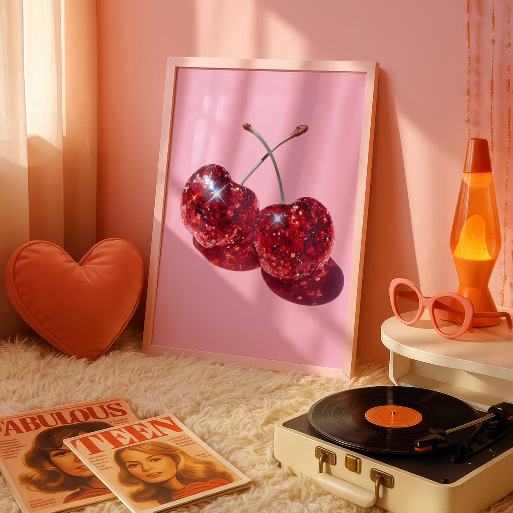 Disco Cherry Pink Wall Art Printable, Sparkly Red Fruit Poster, Glam Pop Art Decor, Girly Aesthetic Digital Download, Fun Gift For Her