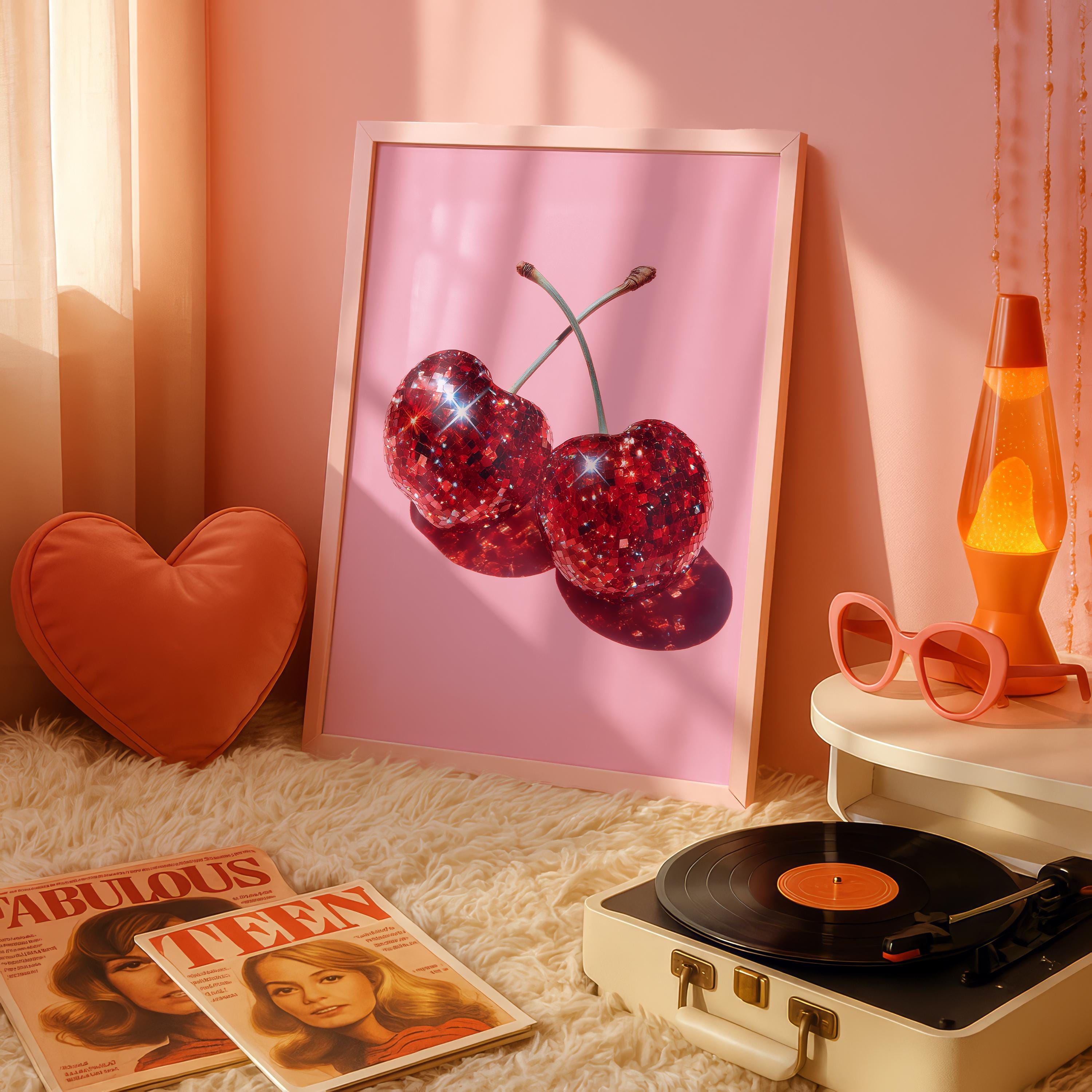 Disco Cherry Pink Wall Art Printable, Sparkly Red Fruit Poster, Glam Pop Art Decor, Girly Aesthetic Digital Download, Fun Gift For Her