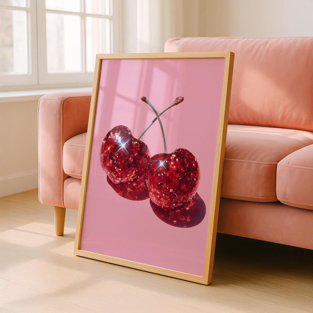 Disco Cherry Pink Wall Art Printable, Sparkly Red Fruit Poster, Glam Pop Art Decor, Girly Aesthetic Digital Download, Fun Gift For Her