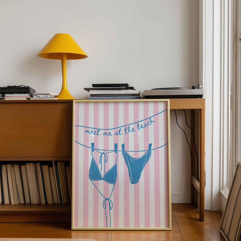 Meet Me at the Beach Wall Art, Coastal Bikini Poster, Pink Striped Beach Print, Preppy Summer Decor Beach House Print Bikini Line Art Poster