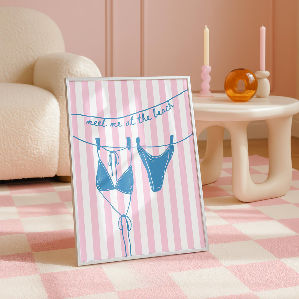 Meet Me at the Beach Wall Art, Coastal Bikini Poster, Pink Striped Beach Print, Preppy Summer Decor Beach House Print Bikini Line Art Poster