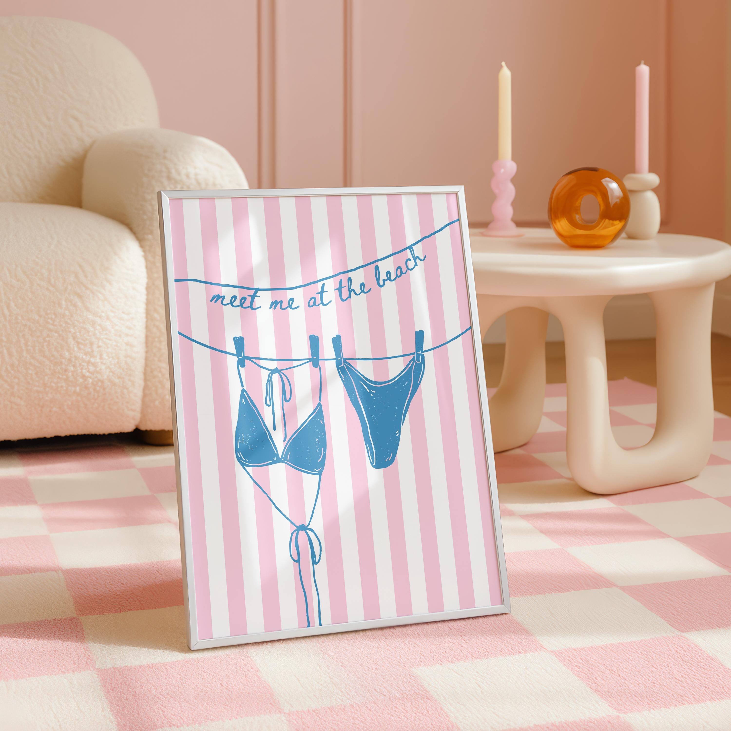 Meet Me at the Beach Wall Art, Coastal Bikini Poster, Pink Striped Beach Print, Preppy Summer Decor Beach House Print Bikini Line Art Poster