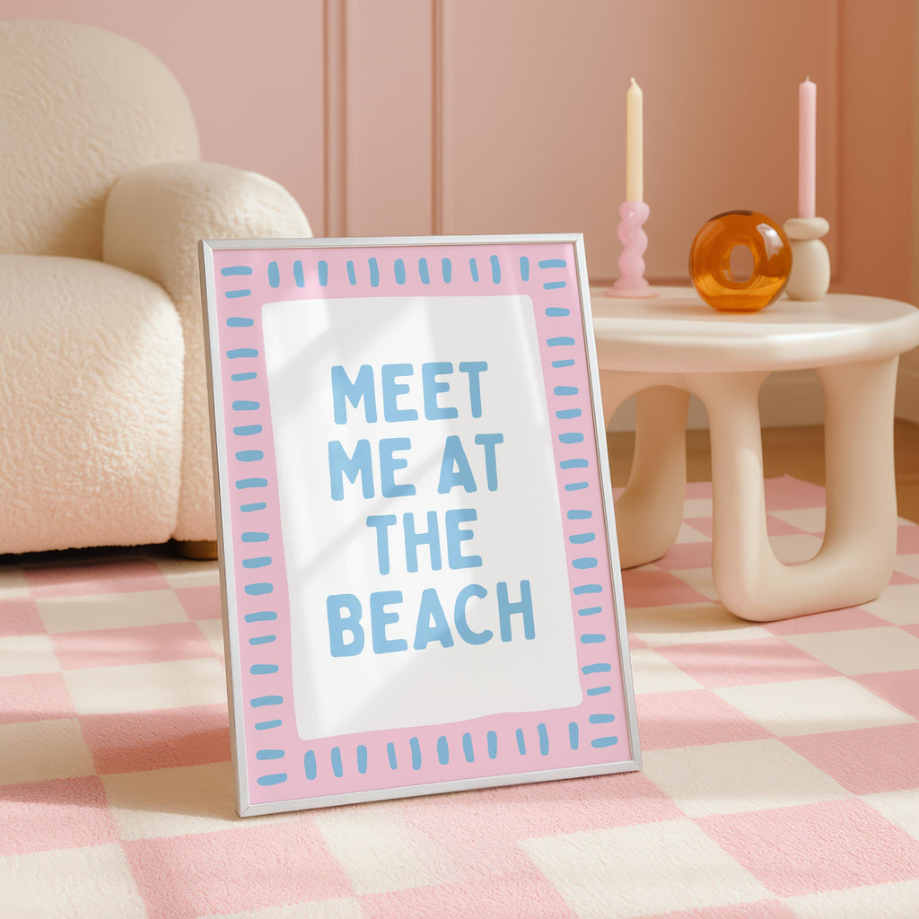 Meet Me at the Beach Wall Art, Coastal Quote Poster, Pink Blue Beach Print, Preppy Coastal Decor, Beach House Wall Art, Digital Download