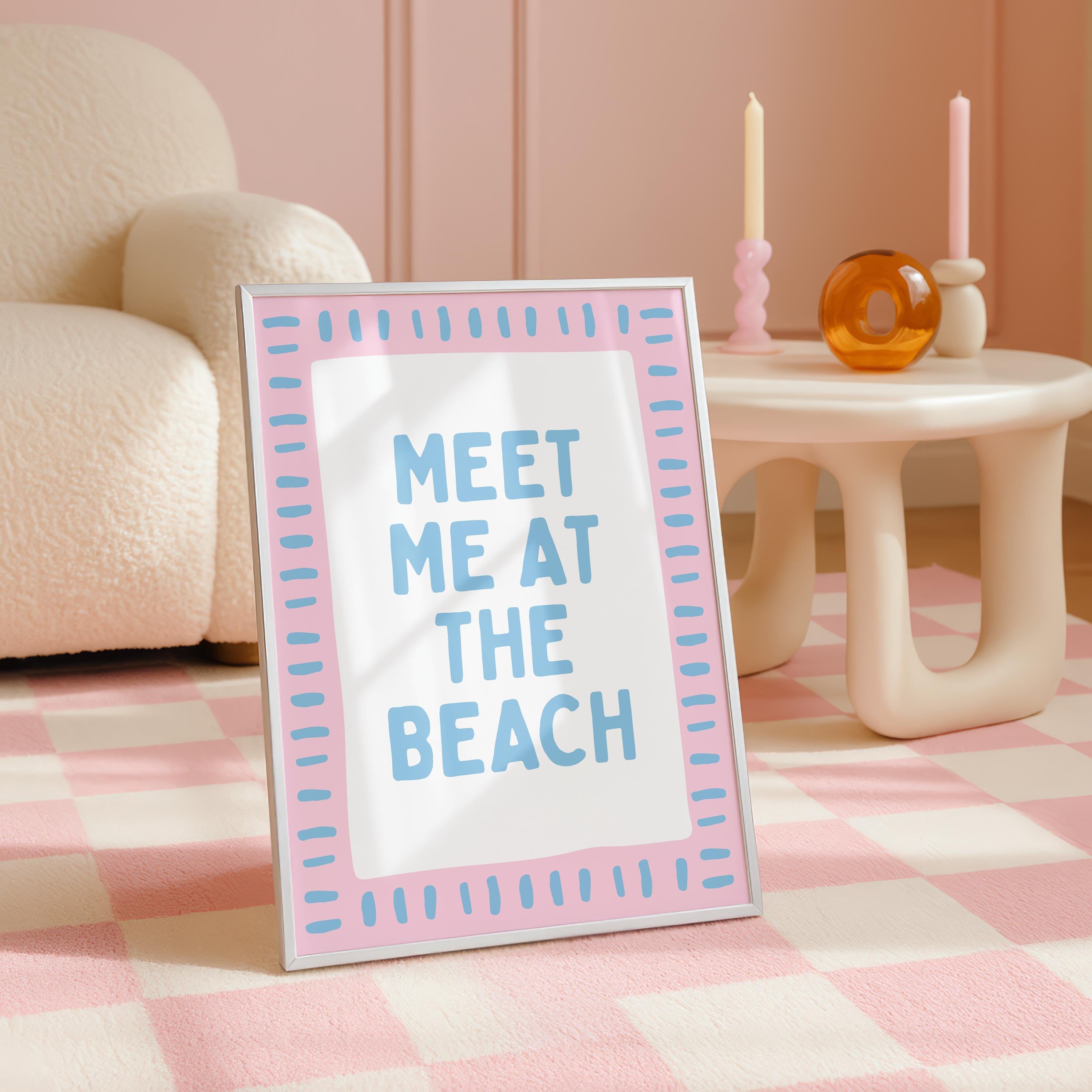 Meet Me at the Beach Wall Art, Coastal Quote Poster, Pink Blue Beach Print, Preppy Coastal Decor, Beach House Wall Art, Digital Download