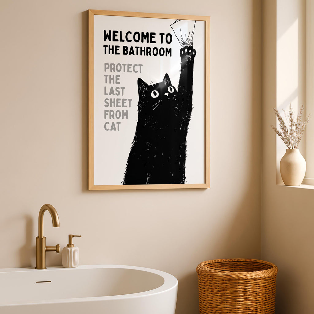 Funny Cat Bathroom Wall Art, Welcome to the Bathroom Print, Protect the Last Sheet Poster, Guest Bathroom Decor, Humor Printable, DIGITAL