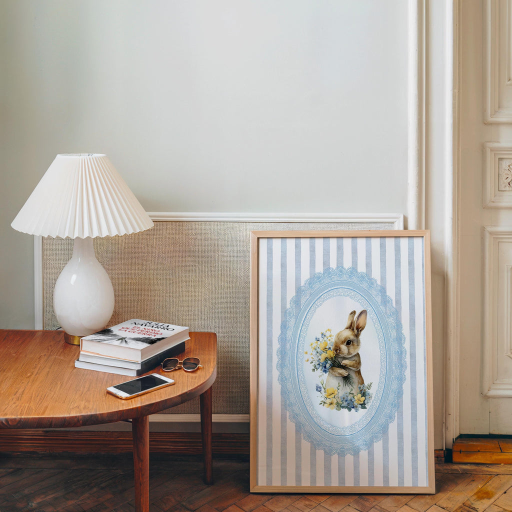 Spring Bunny Nursery Wall Art, Blue Floral Baby Room Printable, Vintage Rabbit Spring Decor, Pastel Nursery Art, Digital Download