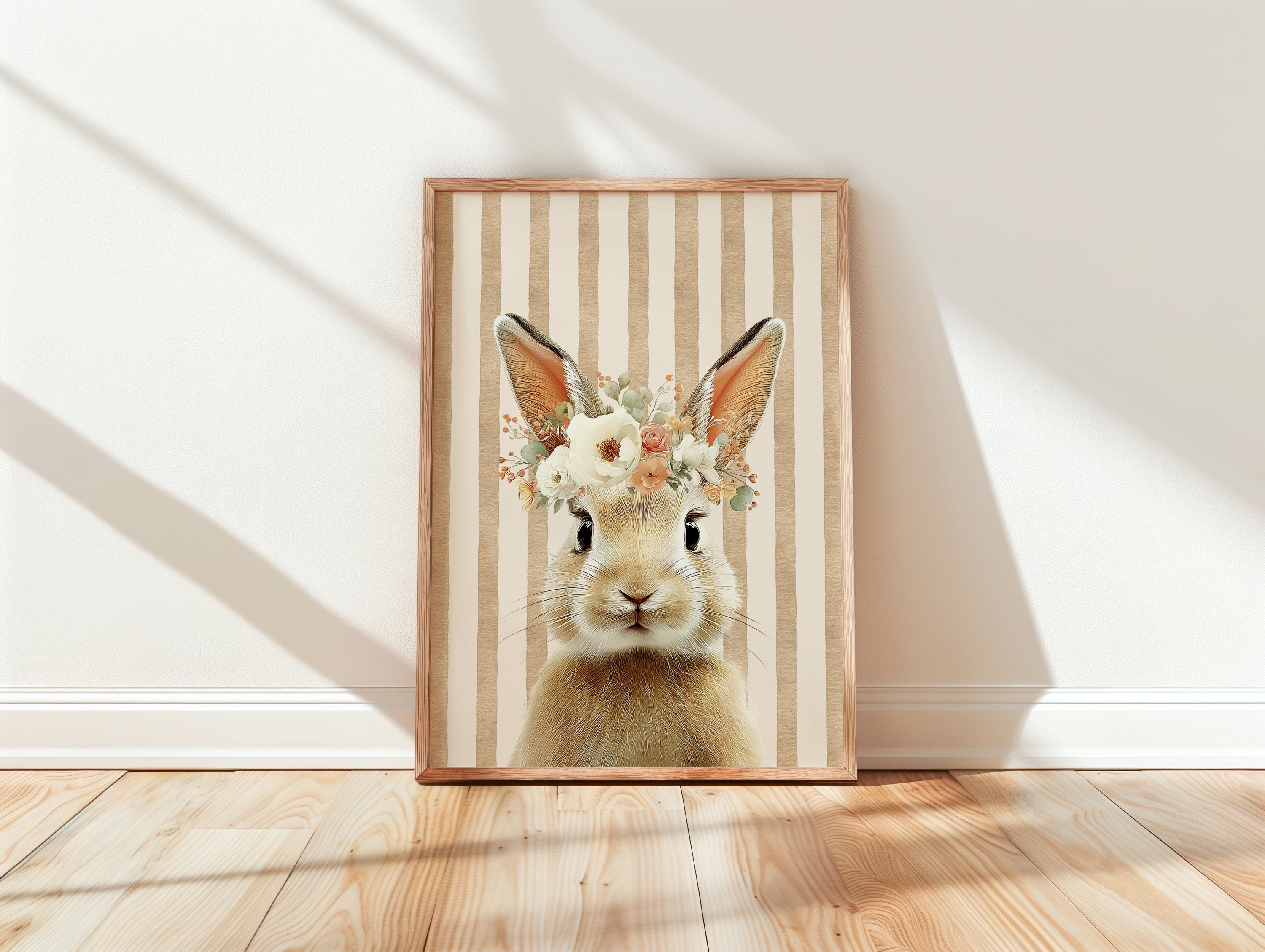 Spring Bunny Nursery Wall Art, Floral Bunny Printable, Neutral Baby Room Decor, Vintage Rabbit Nursery Art, Pastel Spring Nursery, DIGITAL