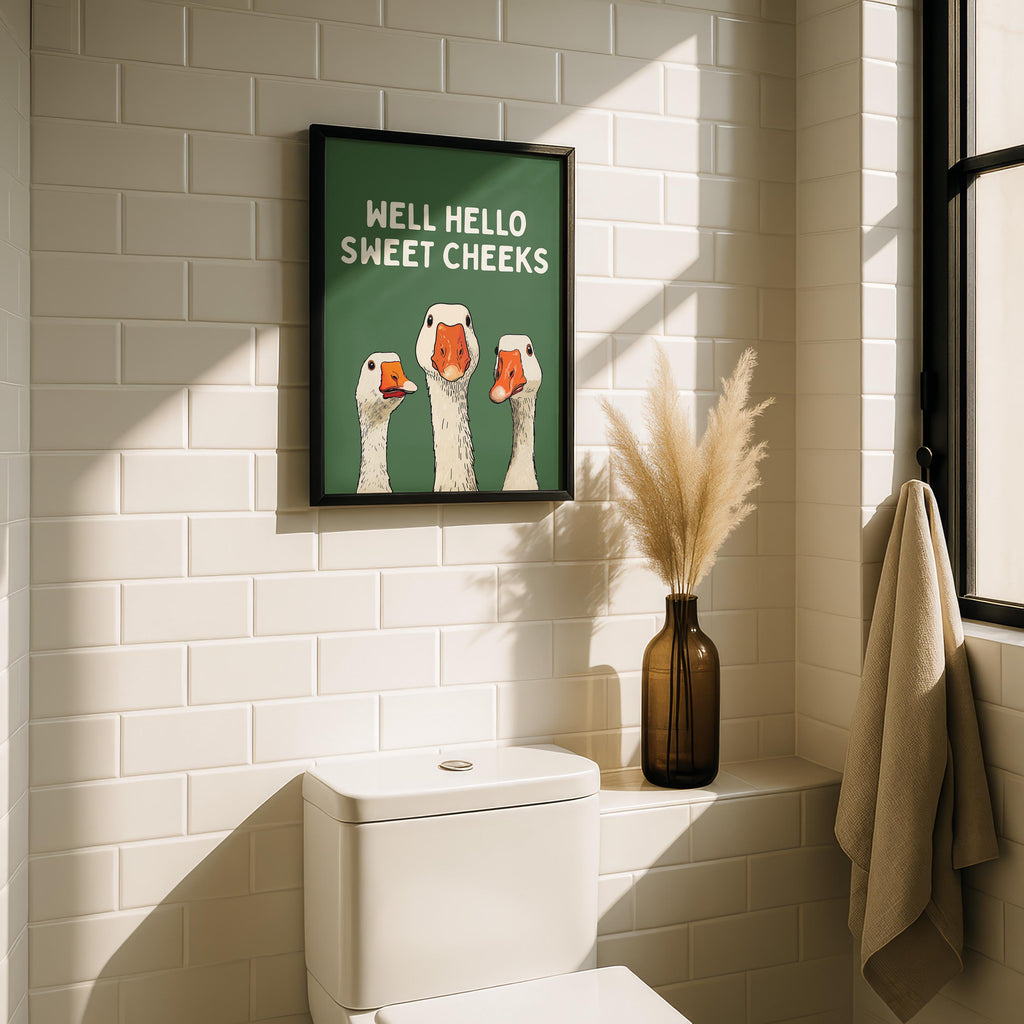 Funny Goose Wall Art, Well Hello Sweet Cheeks Poster, Quirky Animal Print, Cute Goose Illustration, Funny Bathroom Decor, DIGITAL
