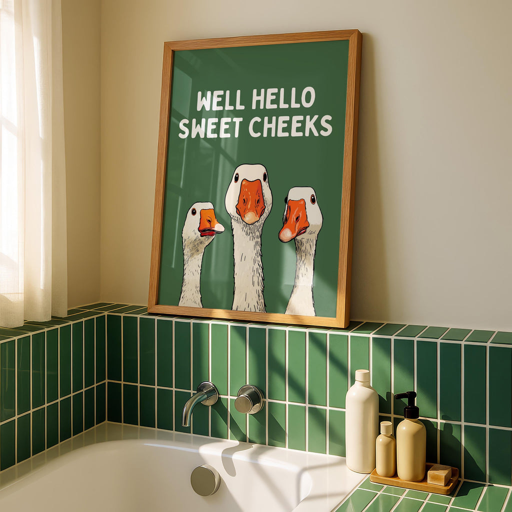 Funny Goose Wall Art, Well Hello Sweet Cheeks Poster, Quirky Animal Print, Cute Goose Illustration, Funny Bathroom Decor, DIGITAL