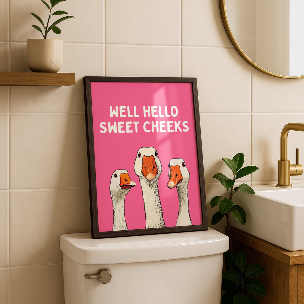 Well Hello Sweet Cheeks Wall Art, Funny Bathroom Wall Decor, Goose Illustration Print, Pink Bathroom Poster, Cute Animal Art, Bathroom Humor