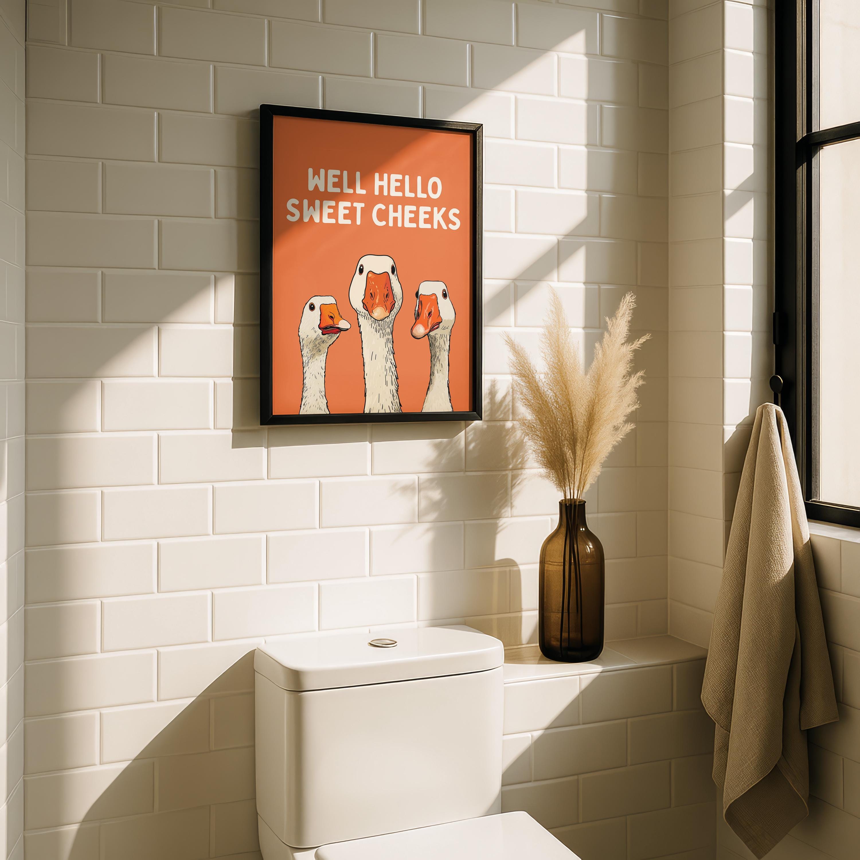 Well Hello Sweet Cheeks Wall Art, Funny Bathroom Wall Decor, Goose Illustration Print, Orange Bathroom Poster Cute Animal Art Bathroom Humor