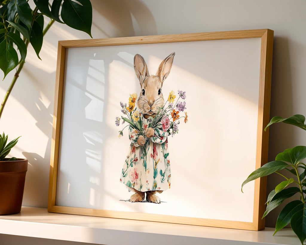 Bunny Wall Art, Rabbit Nursery Print, Floral Bunny Illustration, Spring Nursery Art, Woodland Animal Wall Art, Cute Bunny Poster, DIGITAL