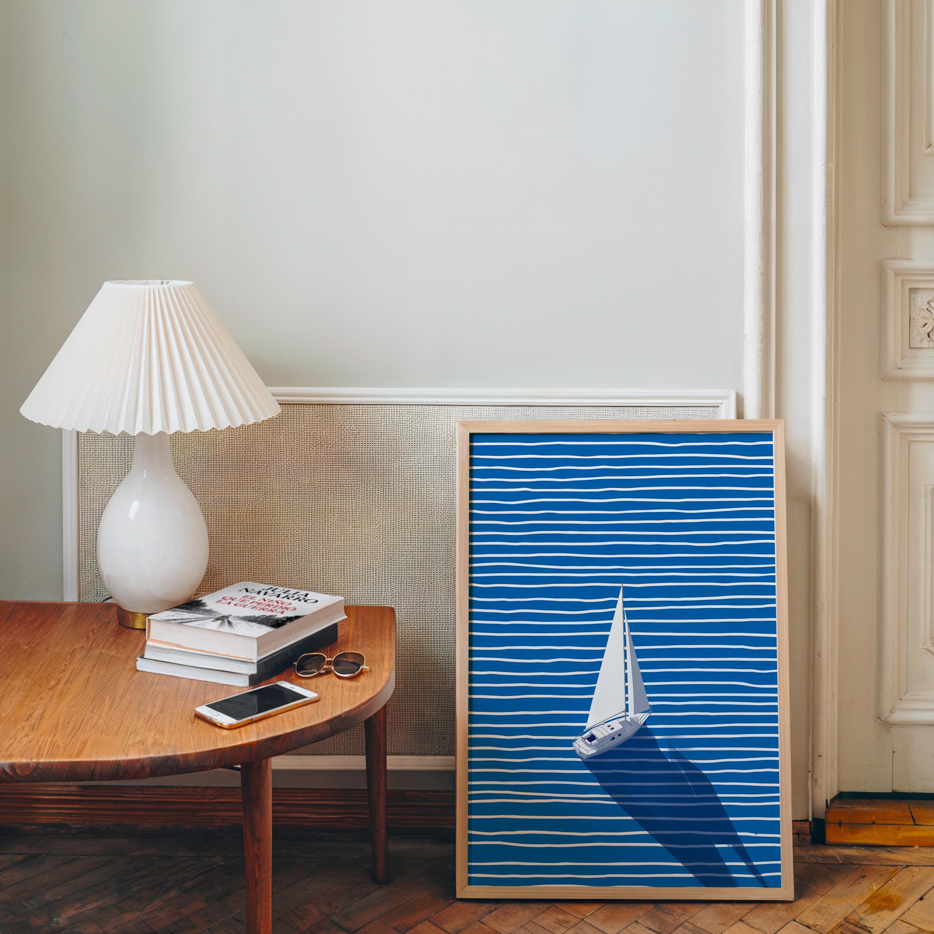 Sailboat Wall Art Print, Minimal Blue Coastal Art, Nautical Wall Decor, Modern Ocean Artwork, Printable Wall Art, Blue Striped Poster