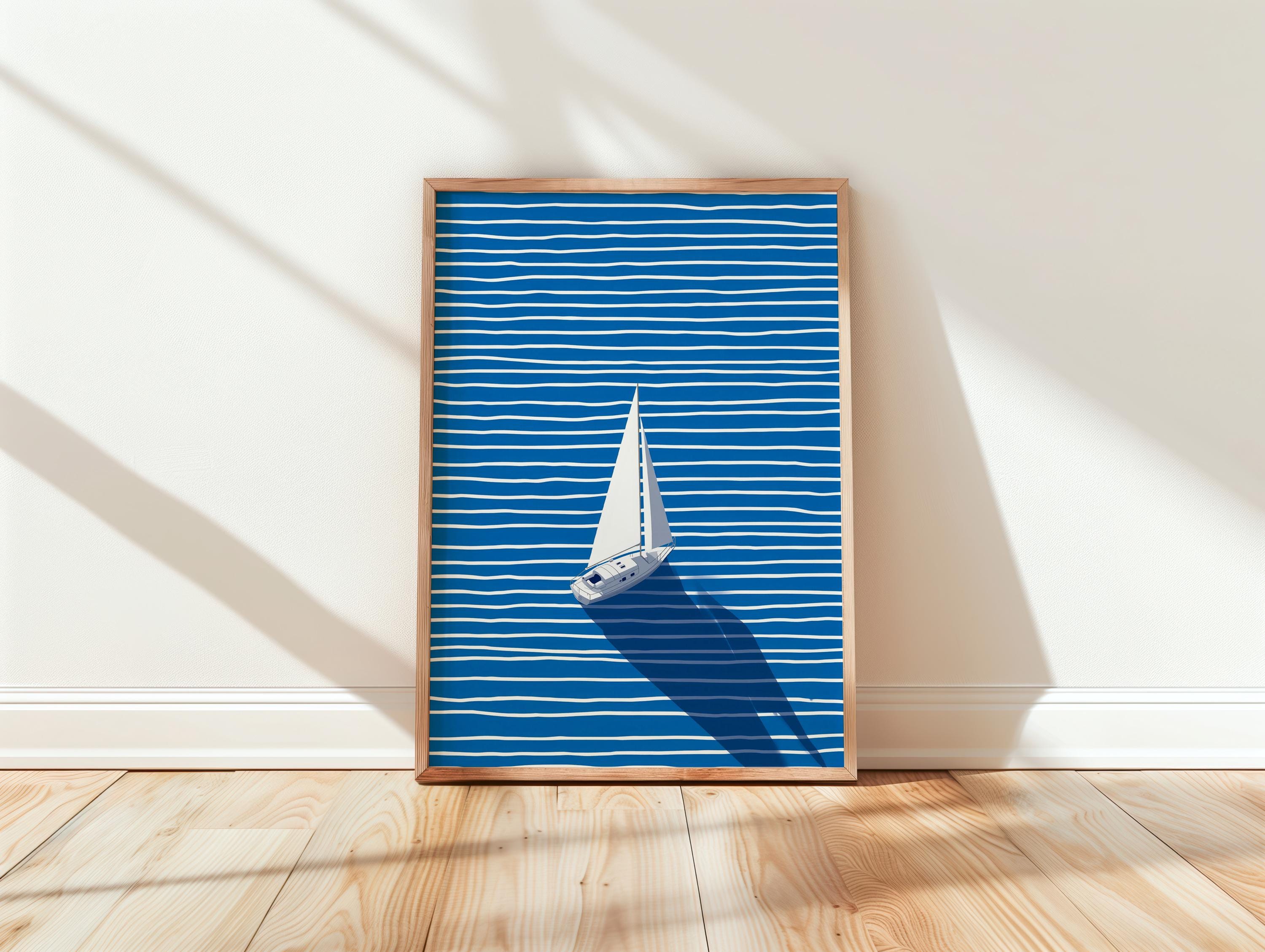 Sailboat Wall Art Print, Minimal Blue Coastal Art, Nautical Wall Decor, Modern Ocean Artwork, Printable Wall Art, Blue Striped Poster