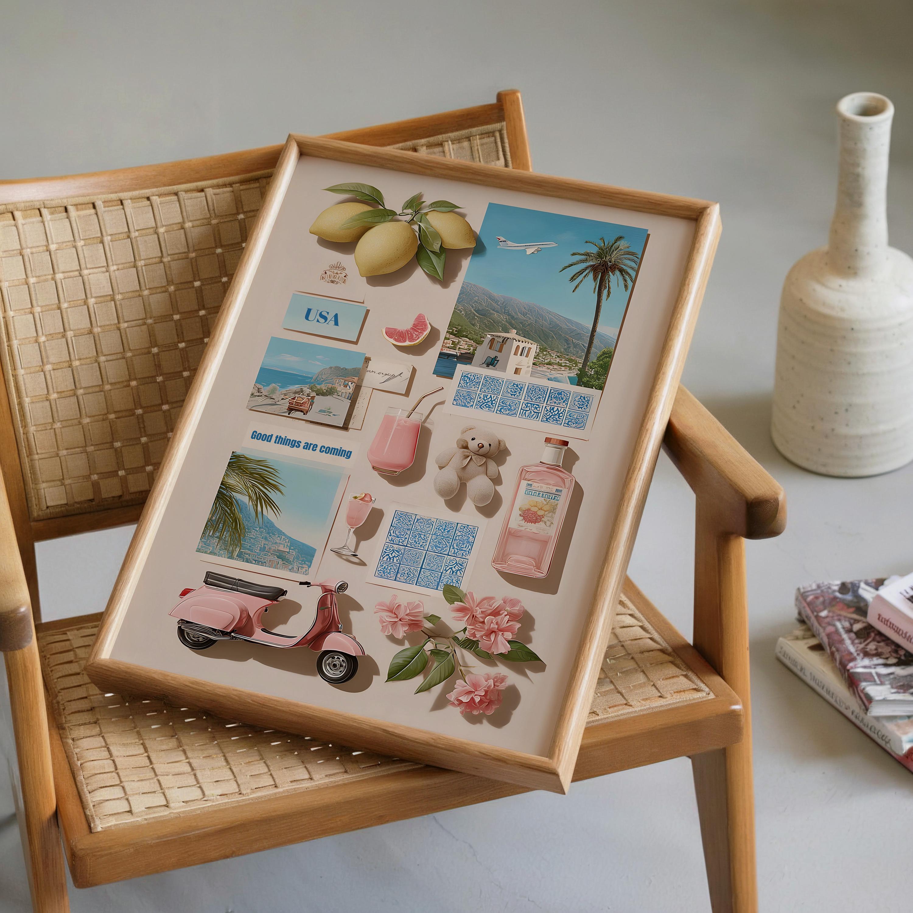 Summer Collage Wall Art Print, Vintage Travel Aesthetic Poster, Coastal Moodboard Artwork, Pink Blue Home Decor, Printable Wall Art