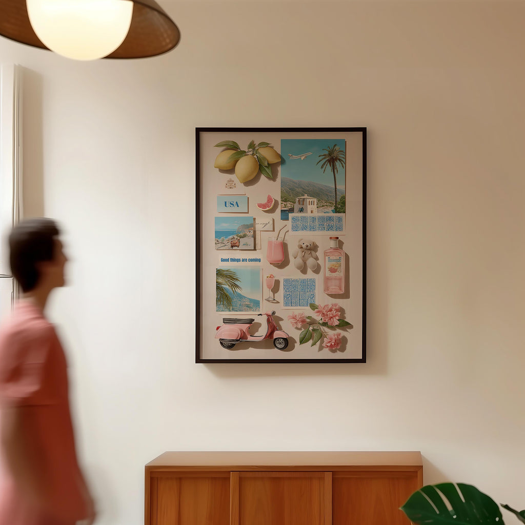 Summer Collage Wall Art Print, Vintage Travel Aesthetic Poster, Coastal Moodboard Artwork, Pink Blue Home Decor, Printable Wall Art