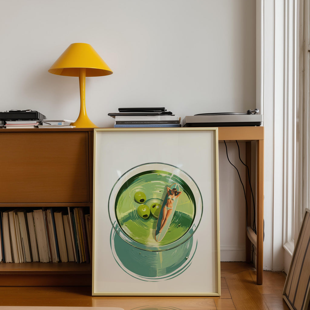 Martini Pool Art Print, Retro Summer Cocktail Wall Art, Top View Swimming Woman Illustration, Mid Century Modern Bar Cart Decor