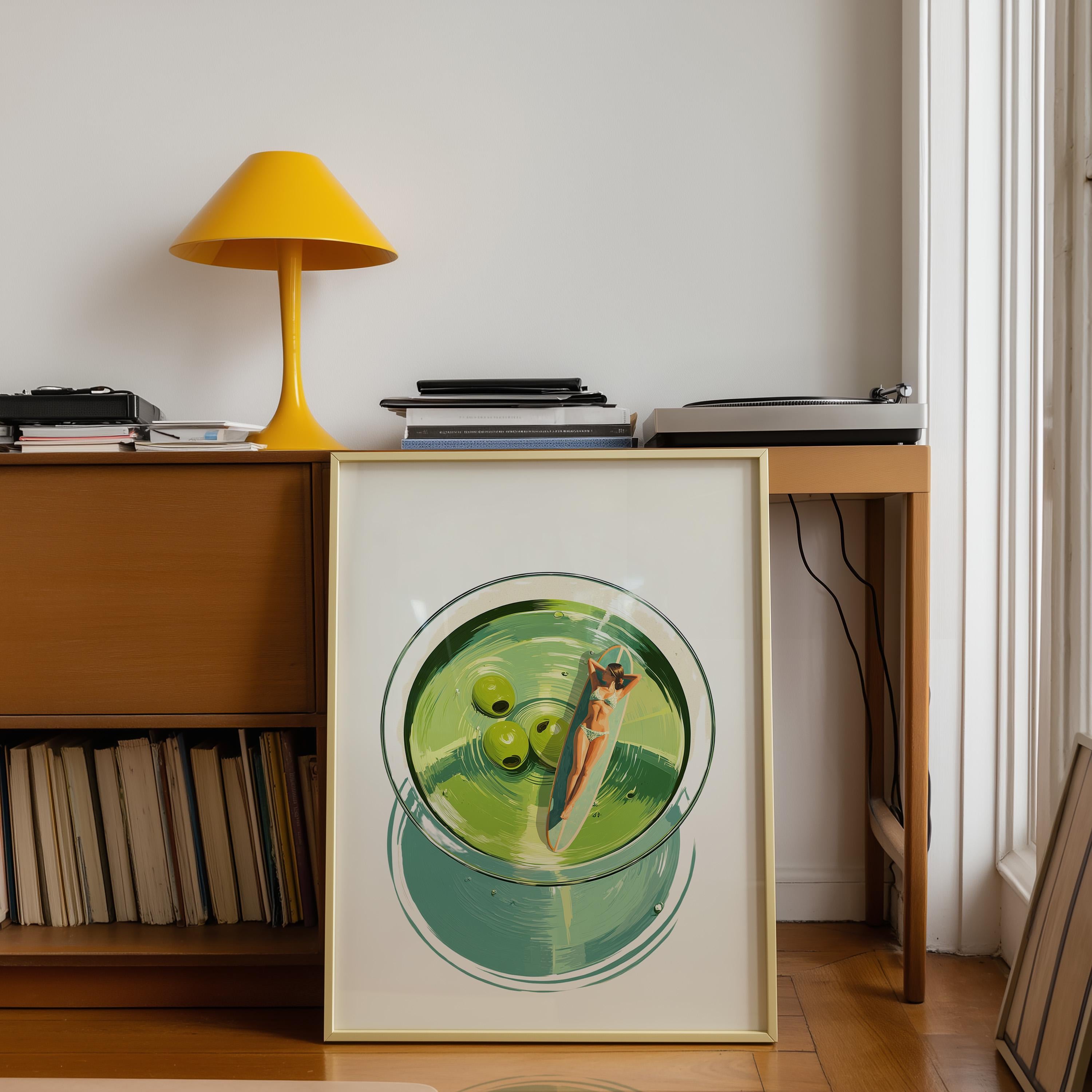 Martini Pool Art Print, Retro Summer Cocktail Wall Art, Top View Swimming Woman Illustration, Mid Century Modern Bar Cart Decor