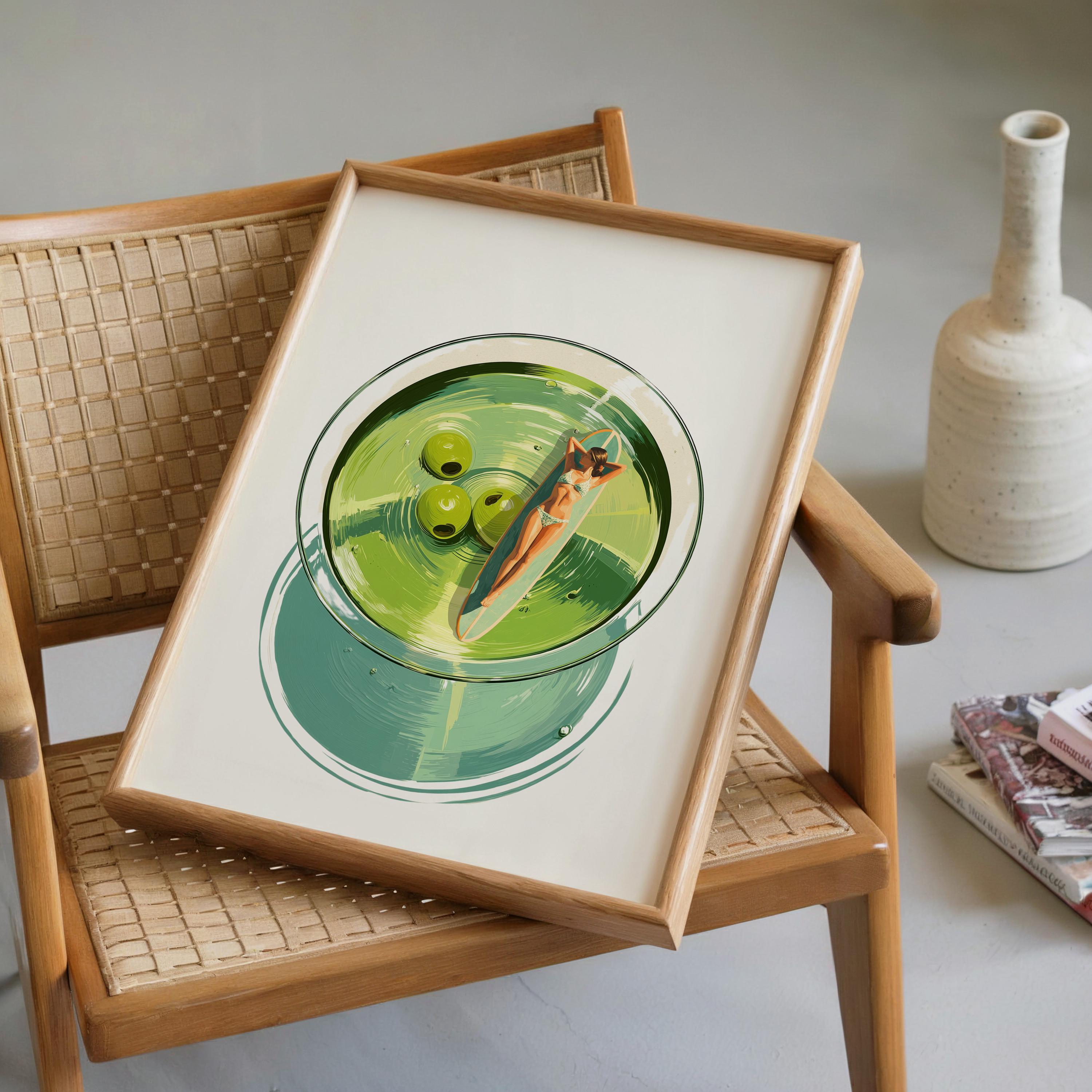 Martini Pool Art Print, Retro Summer Cocktail Wall Art, Top View Swimming Woman Illustration, Mid Century Modern Bar Cart Decor