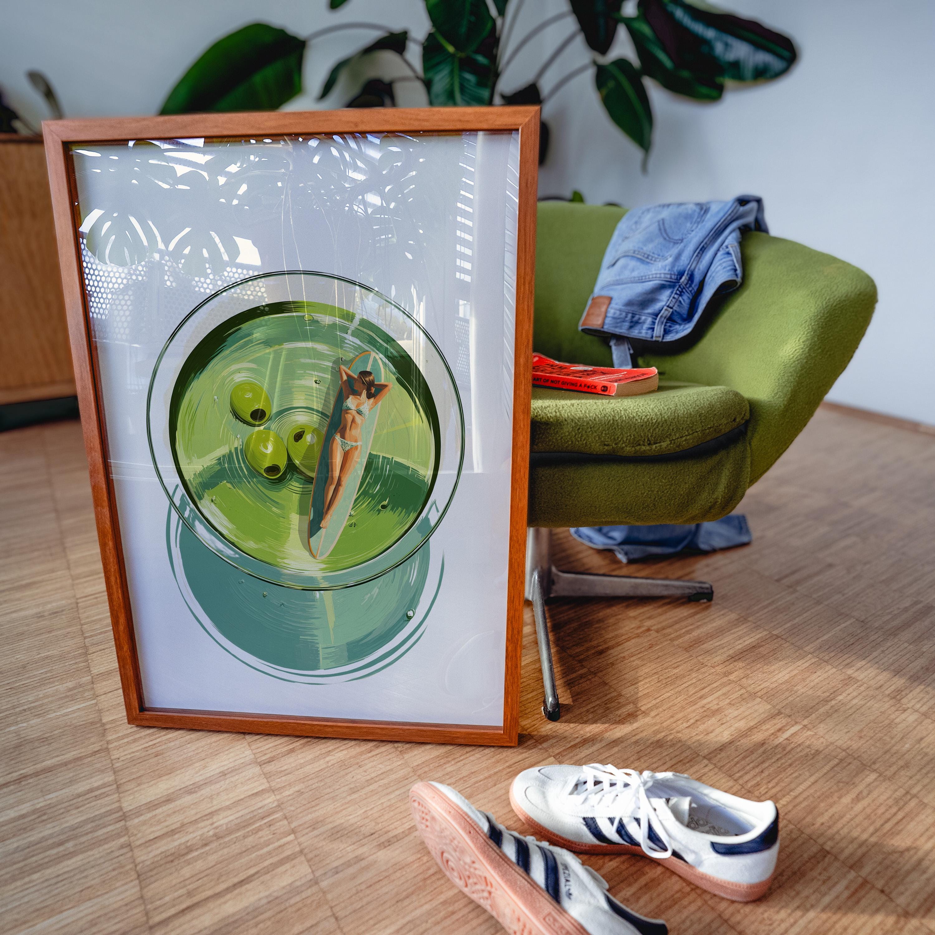 Martini Pool Art Print, Retro Summer Cocktail Wall Art, Top View Swimming Woman Illustration, Mid Century Modern Bar Cart Decor