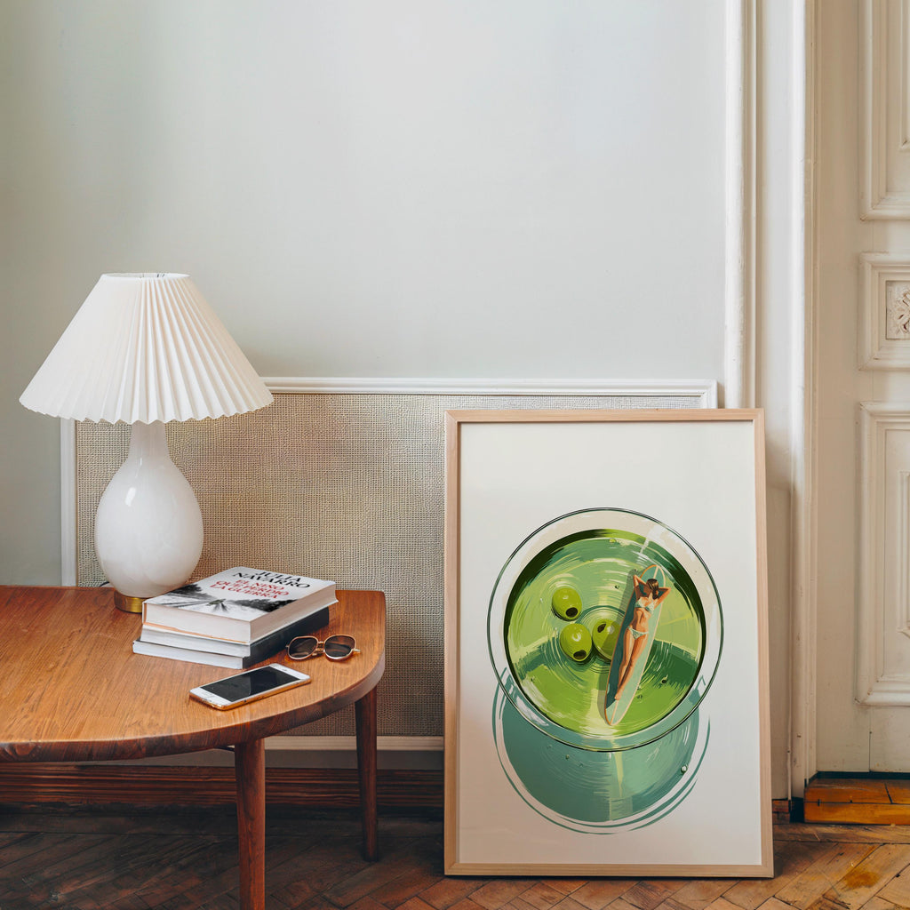 Martini Pool Art Print, Retro Summer Cocktail Wall Art, Top View Swimming Woman Illustration, Mid Century Modern Bar Cart Decor