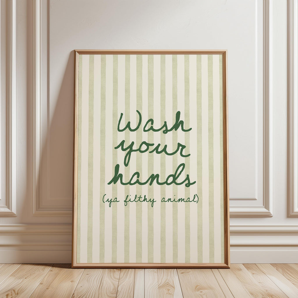 Wash Your Hands Ya Filthy Animal Print, Funny Bathroom Sign, Green Stripe Typography Poster, Humorous Restroom Wall Art, Modern Decor