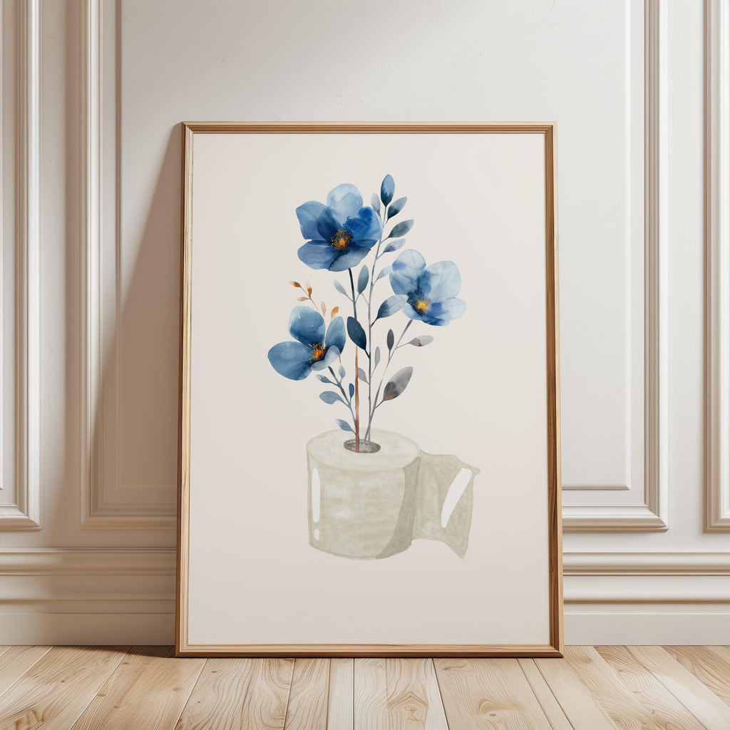 Blue Toilet Paper Roll Plant Print, Funny Bathroom Wall Art, Blue Watercolor Art, Botanical Print Minimalist Wall Art, Toilet Print, DIGITAL