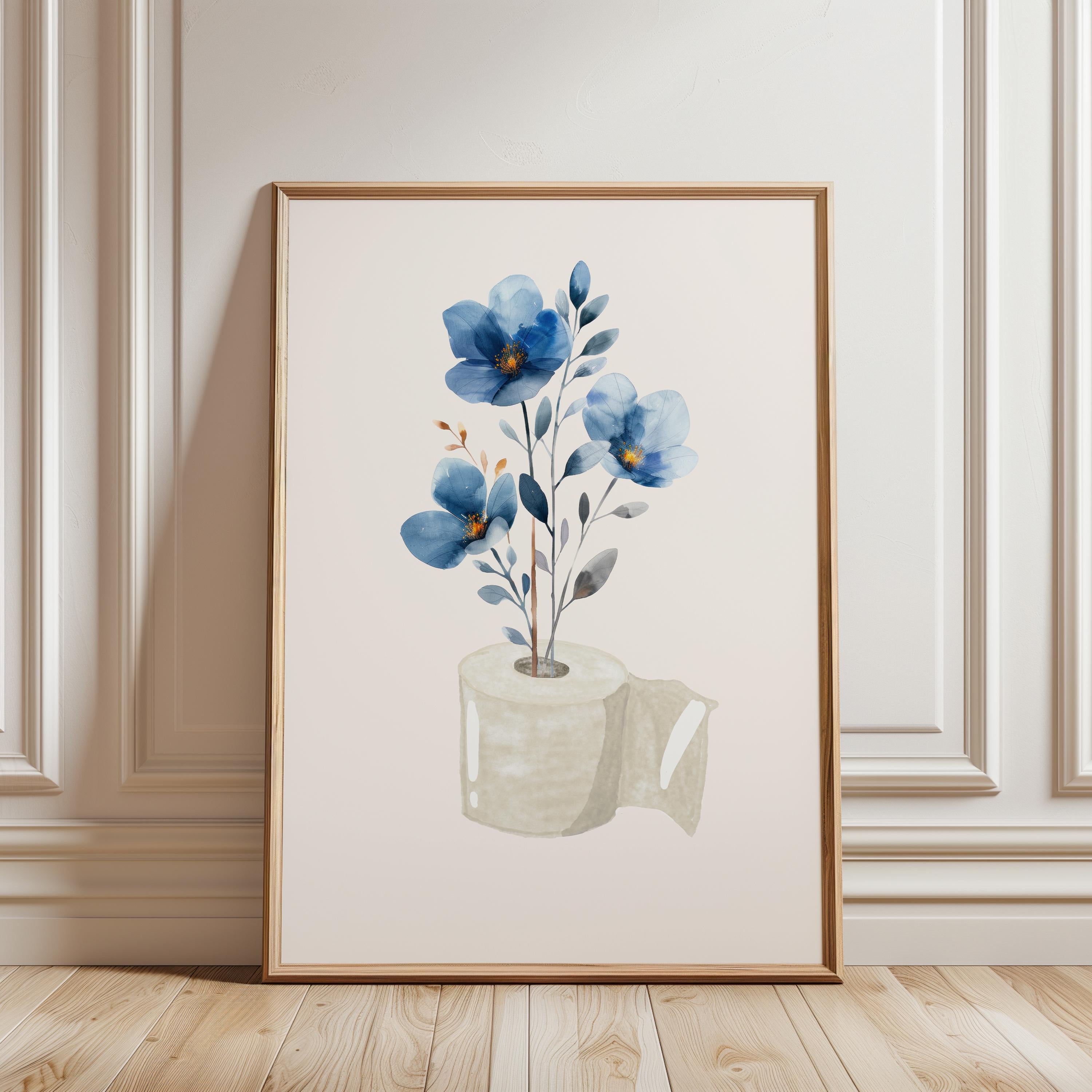 Blue Toilet Paper Roll Plant Print, Funny Bathroom Wall Art, Blue Watercolor Art, Botanical Print Minimalist Wall Art, Toilet Print, DIGITAL