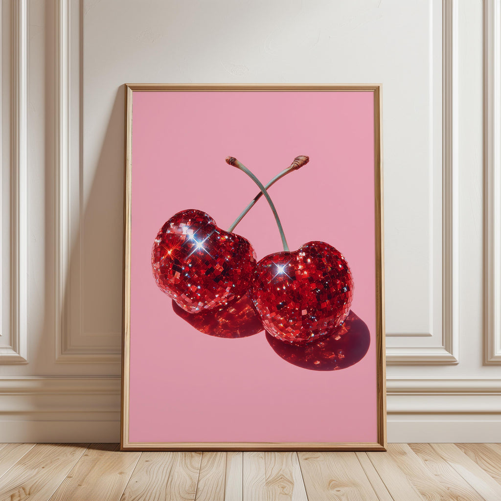 Disco Cherry Pink Wall Art Printable, Sparkly Red Fruit Poster, Glam Pop Art Decor, Girly Aesthetic Digital Download, Fun Gift For Her