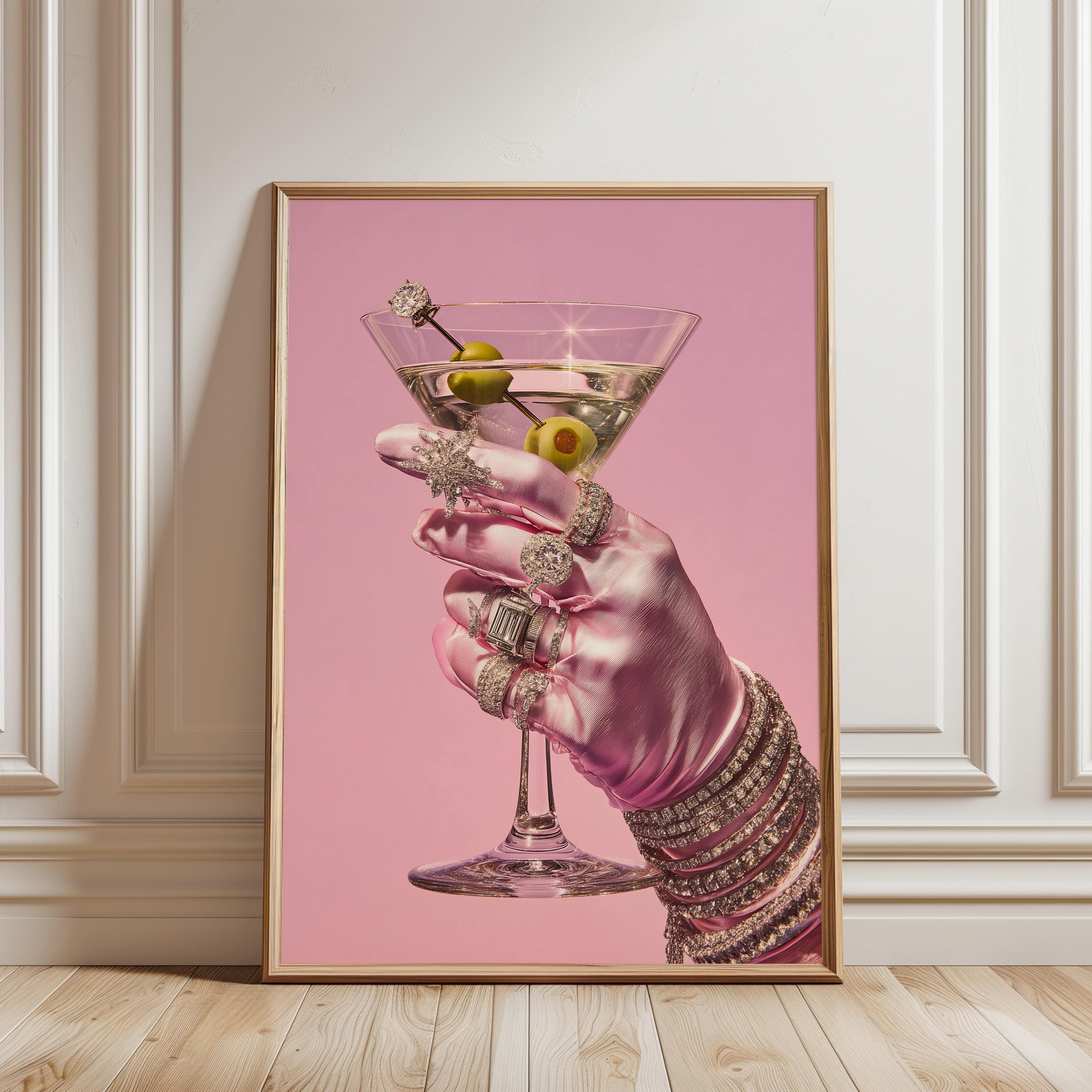 Pink Glam Martini Art Print, Fashion Wall Art, Diamond Hand Poster, Chic Bar Decor, Luxury Cocktail Artwork, Gift for Her, DIGITAL DOWNLOAD