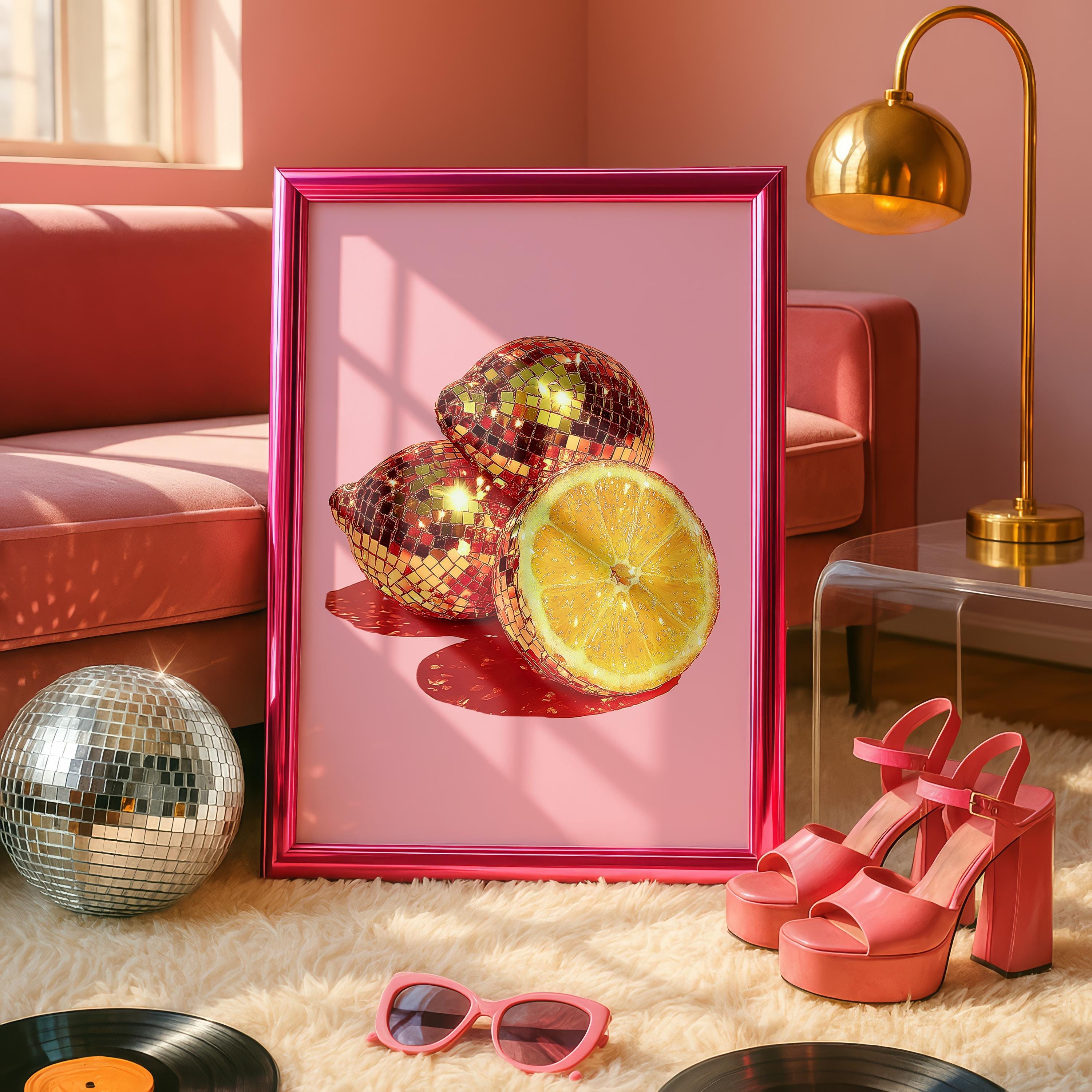 Disco Lemon Wall Art Print, Pink Citrus Poster, Sparkly Fruit Pop Art, Glam Kitchen Bar Decor, Retro Disco Style, Trendy Print DIGITAL