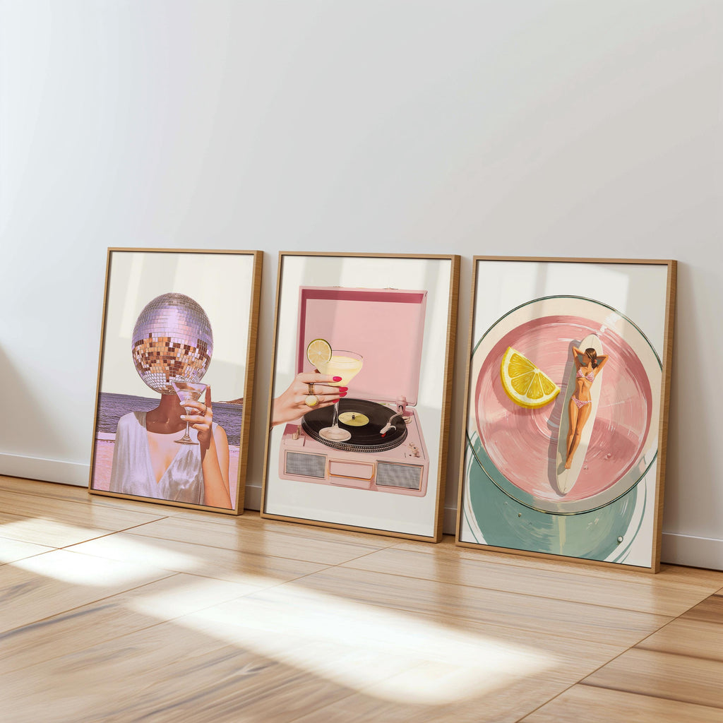 Retro Summer Gallery Wall Set, Disco Ball & Vinyl Poolside Art, Neutral Aesthetic Posters, Trendy Living Room Decor, Printable Art Bundle