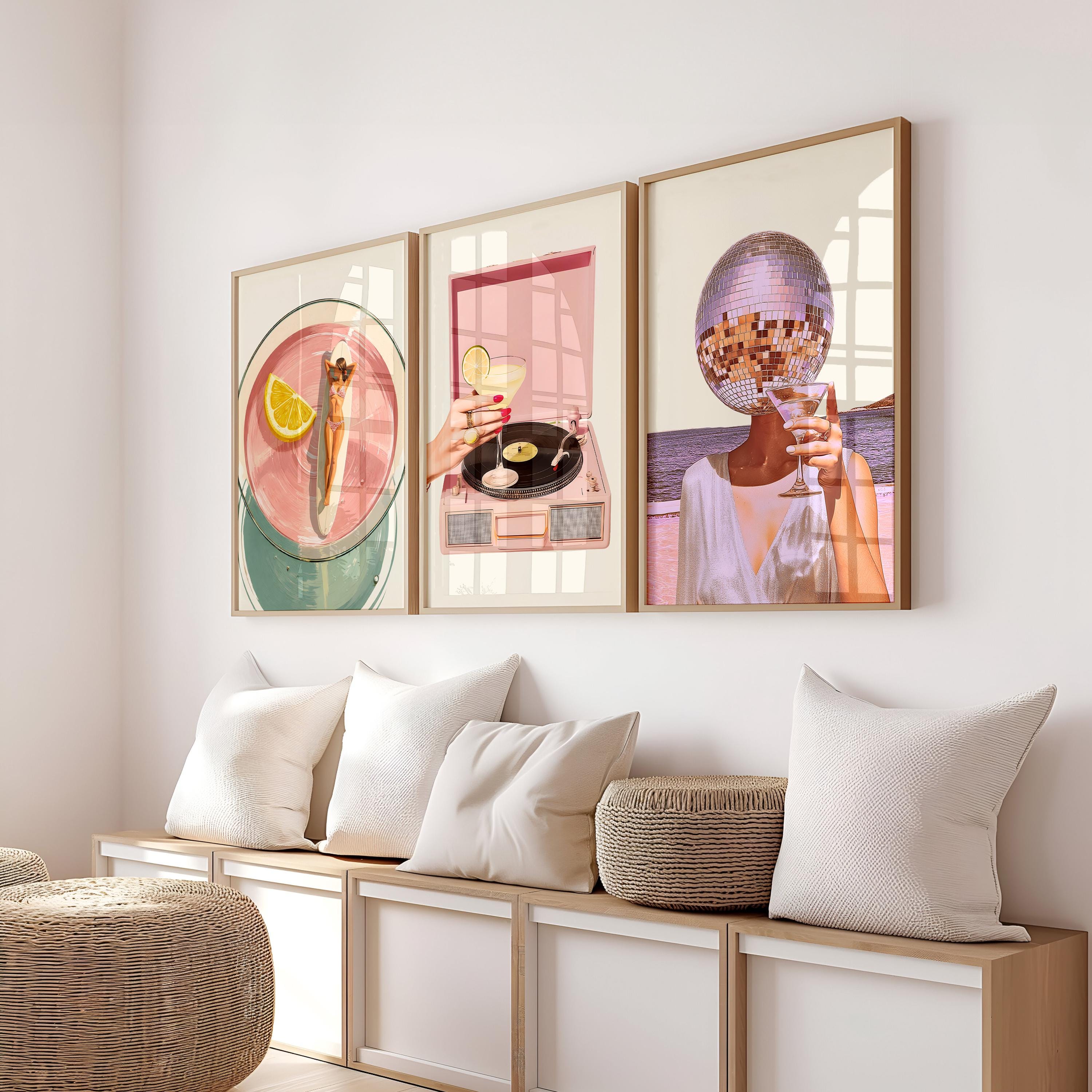 Retro Summer Gallery Wall Set, Disco Ball & Vinyl Poolside Art, Neutral Aesthetic Posters, Trendy Living Room Decor, Printable Art Bundle