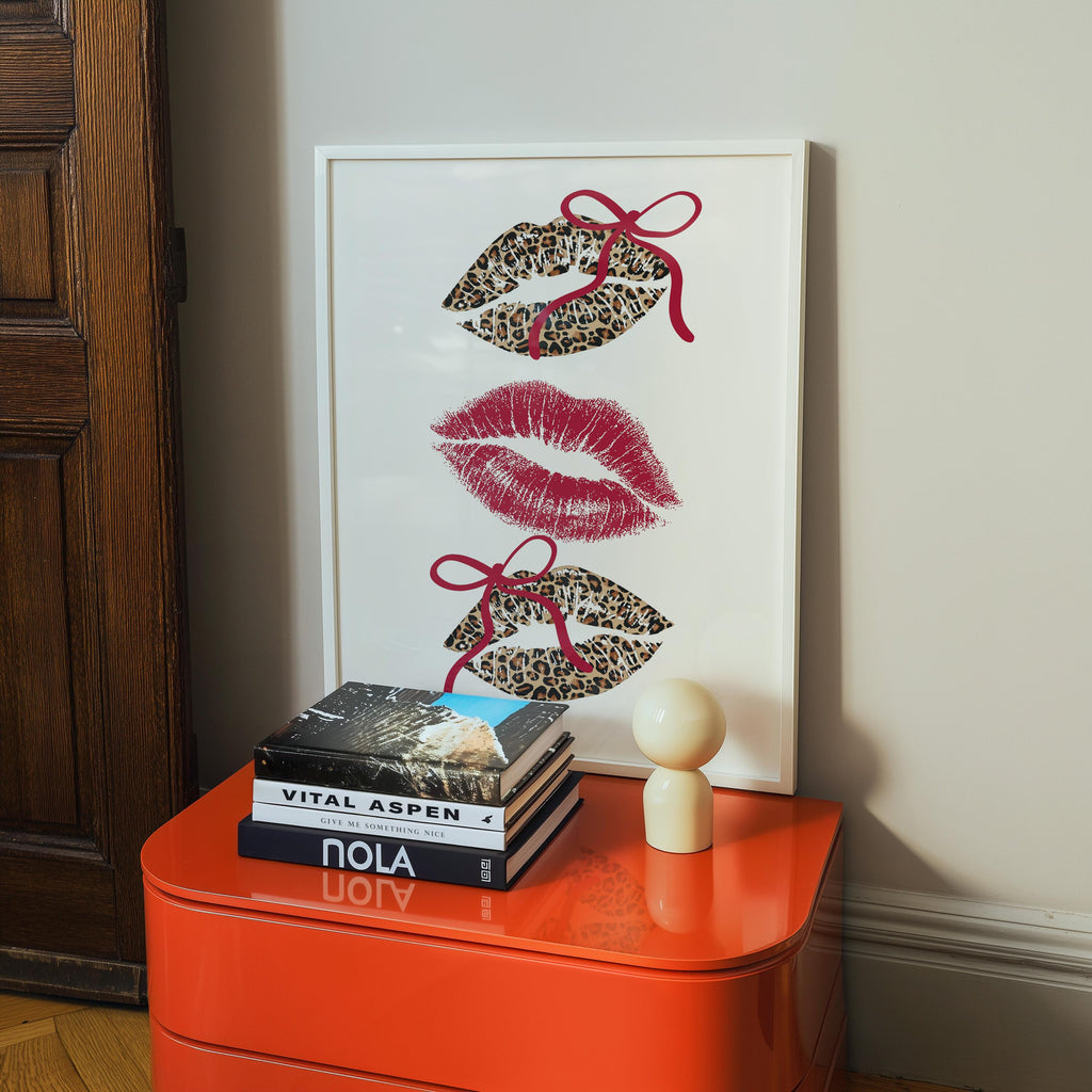 Leopard Lips Wall Art Print, Coquette Bow Lip Poster, Girly Glam Printable Art, Red Kiss Print, Maximalist Fashion Wall Decor, DIGITAL