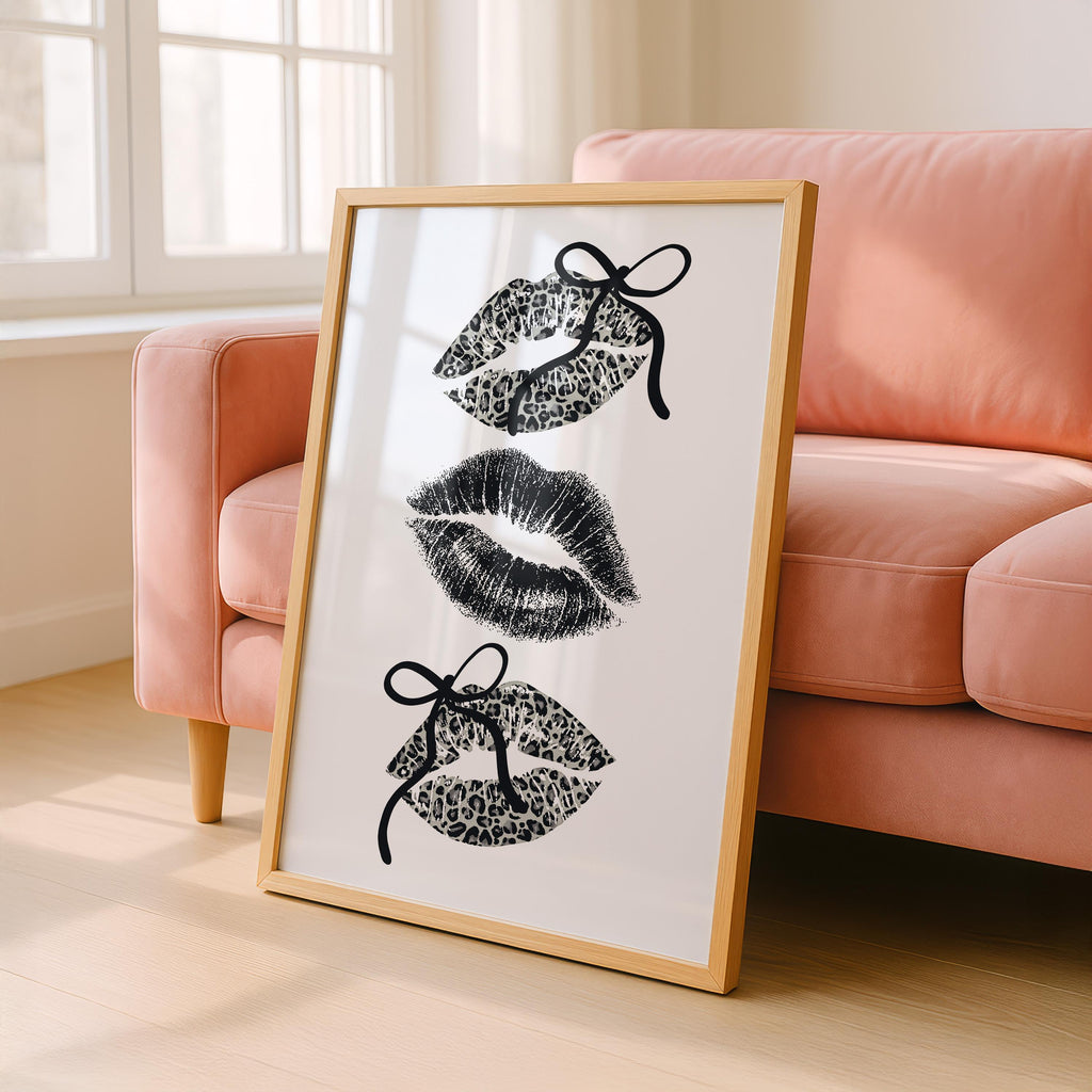 Black Leopard Lips Wall Art, Coquette Bow Lip Print, Glam Kiss Poster, Fashion Wall Decor, Maximalist Printable Art, DIGITAL DOWNLOAD