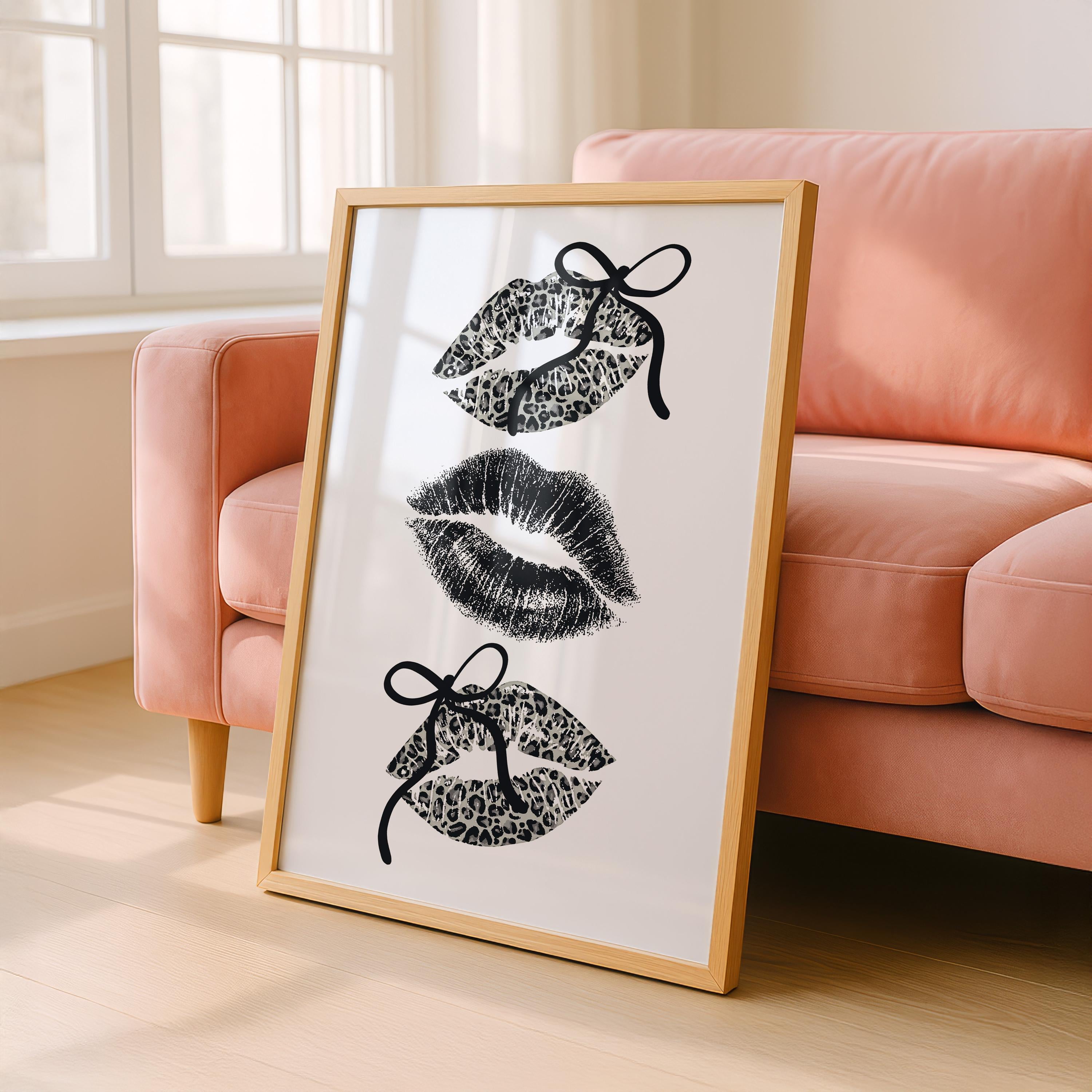 Black Leopard Lips Wall Art, Coquette Bow Lip Print, Glam Kiss Poster, Fashion Wall Decor, Maximalist Printable Art, DIGITAL DOWNLOAD