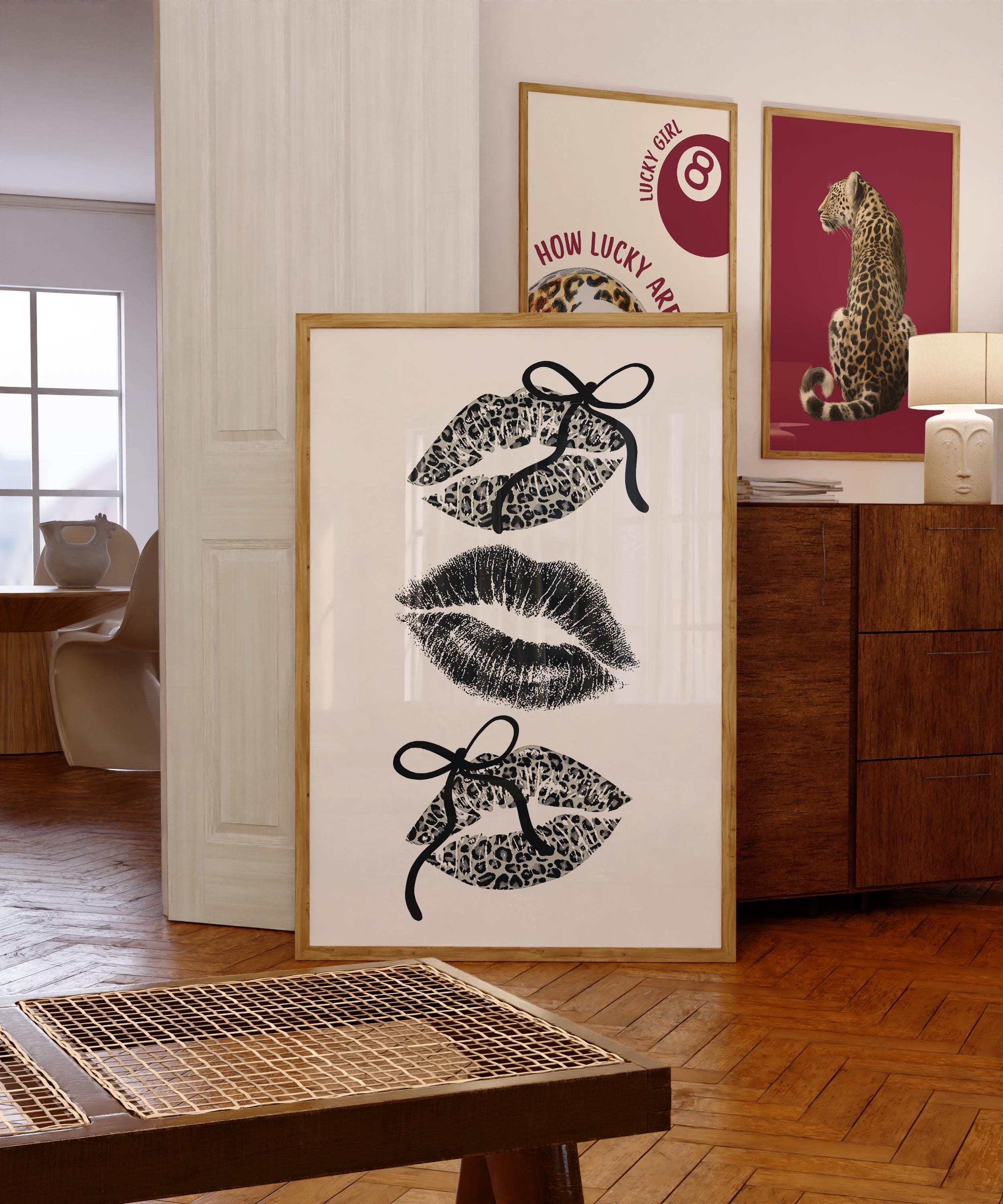 Black Leopard Lips Wall Art, Coquette Bow Lip Print, Glam Kiss Poster, Fashion Wall Decor, Maximalist Printable Art, DIGITAL DOWNLOAD