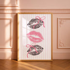 Pink Leopard Lips Wall Art, Coquette Bow Lip Print, Striped Girly Poster, Glam Kiss Printable, Feminine Gallery Wall Decor, Digital Download